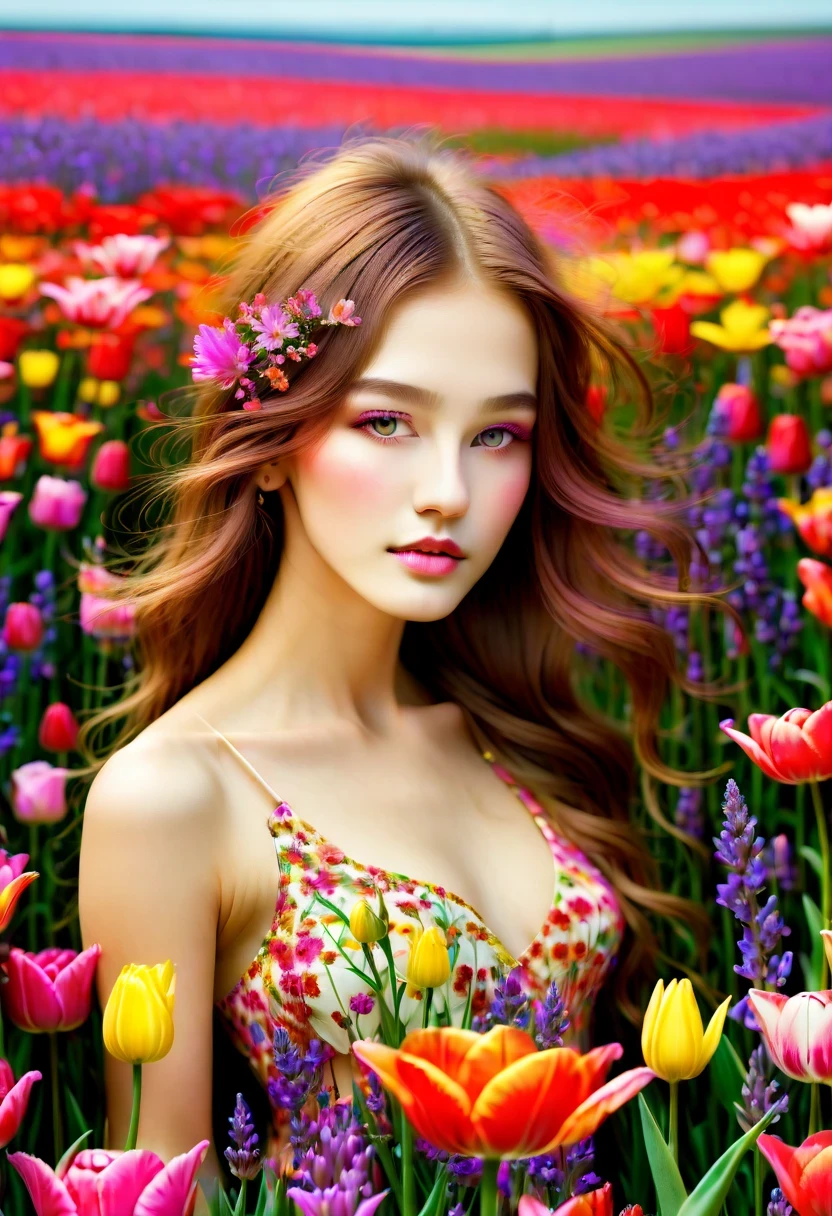Ridiculous, high resolution, super detailed, (girl:1.3),
rest
(, Design flower field scene, With blooming flowers, bright colors, and the feeling of growth and renewal.:1.4),,Lavender,tulip,Rose