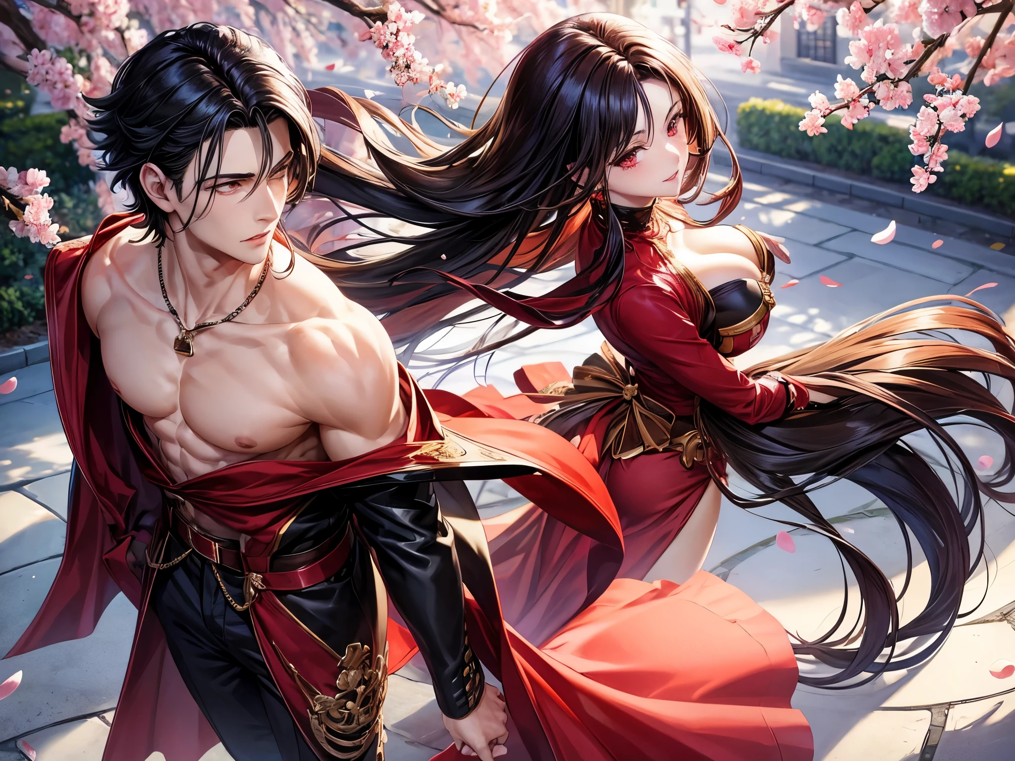 1man and 1woman, couple, beautiful vampire goddess, handsome man, brunette very long hair, man with brunette short hair, red eyes, wearing a sexy red and black dress, man in sexy suit, ultrasharp, looking at the viewer, ((best quality)), ((masterpiece)), (detailed), perfect face, big breast, sexy body, sexy man besides her, hugged, An anime scene of a boy and girl hugging and kissing intensely, with hearts and sparkles floating around them as they stand under the red cherry blossoms in a dreamy park