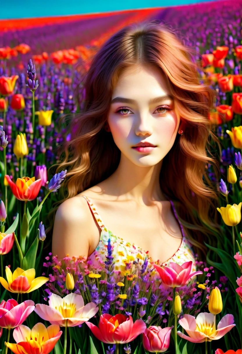 Ridiculous, high resolution, super detailed, (girl:1.3), 
rest
(, Design flower field scene, With blooming flowers, bright colors, and the feeling of growth and renewal.:1.4)，,Lavender，tulip，Rose