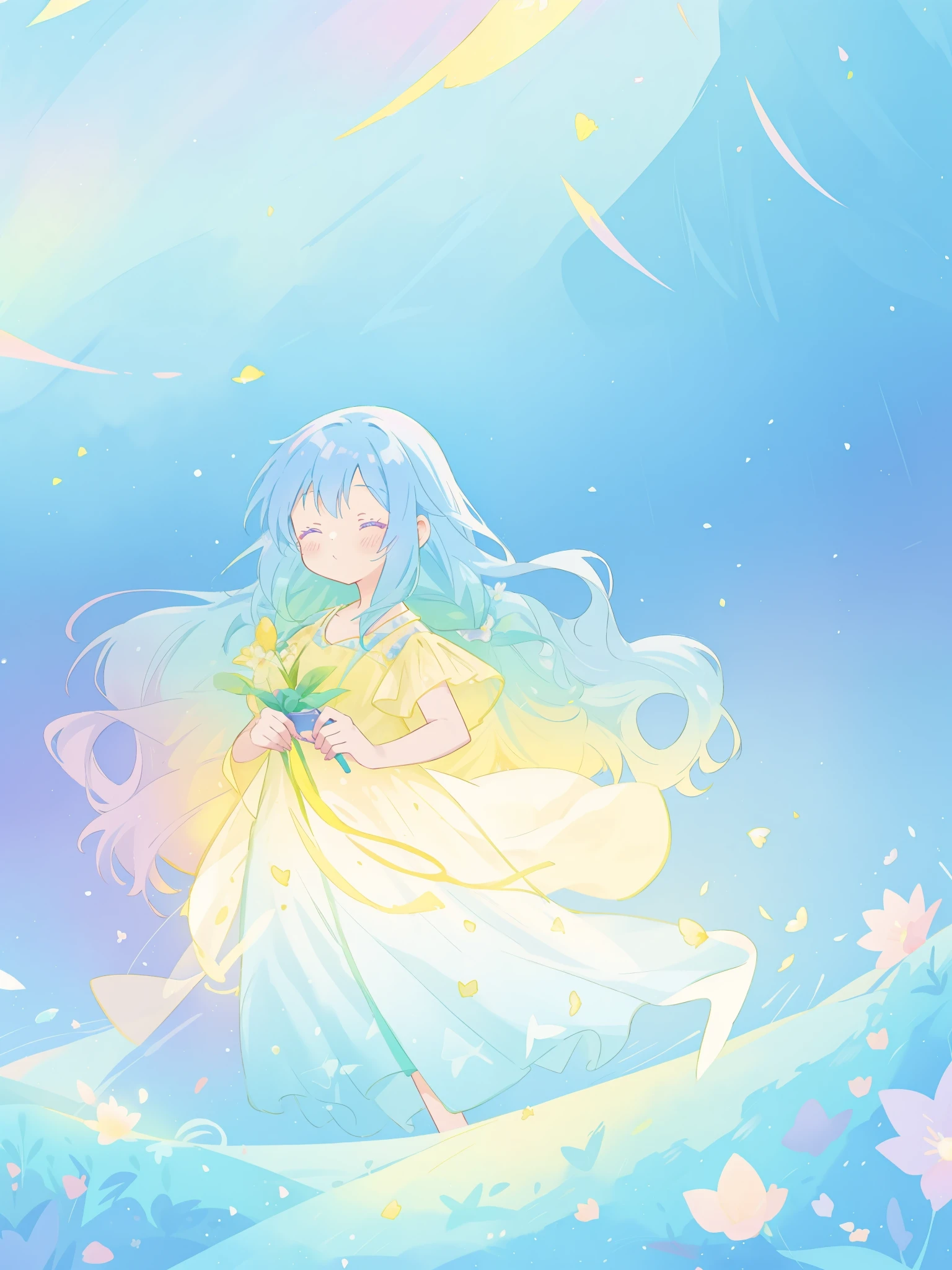 beautiful girl in yellow mint gradient flowing dress, long flowing blue purple hair, colorful fantasia background, vibrant bright colors, watercolor illustration, disney art style, glowing aura around her, glowing lights, beautiful digital illustration, fantasia otherworldly landscape plants flowers, beautiful, masterpiece, best quality, anime disney style