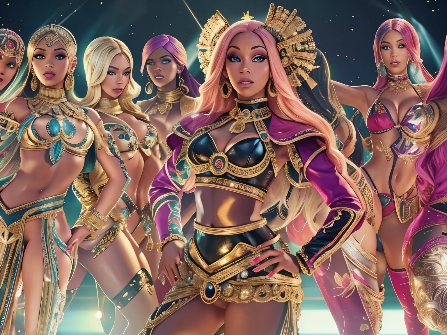 (imagem com qualidade maxima) Nicki Milm para vogue, Nicki Minaj, Nicki Minaj curvas, tracos do rosto da beyonce, trage de fantasia, cantora negra, no seu show, em cima do palco, with your dancers