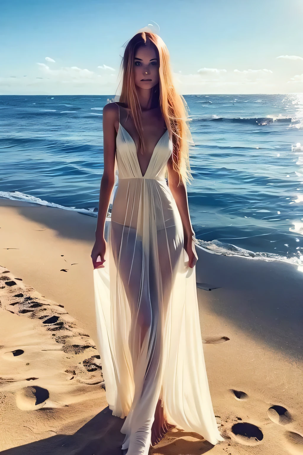 Very beautiful, sehr langes rotes Haar, sehr, very thin, sehr, sehr abgemagert, 18 year old anorexic girl, sehr, very thiner Körper,sehr, sehr sexy, sehr, very tanned, completely naked under a long transparent dress, stehend in der Sommersonne am Meer
