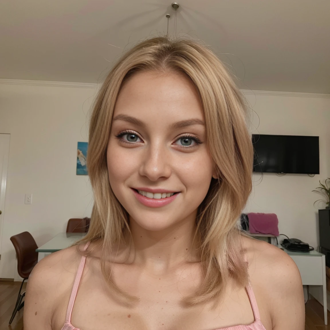 There&#39;s a magnetic blonde in the room. Ela tem cabelos cacheados , uma pele macia e muito clara , She is wearing a pink dress and her face radiates joy. Esta loira tem a beleza de uma deusa. Your gaze is penetrating and sensual. 