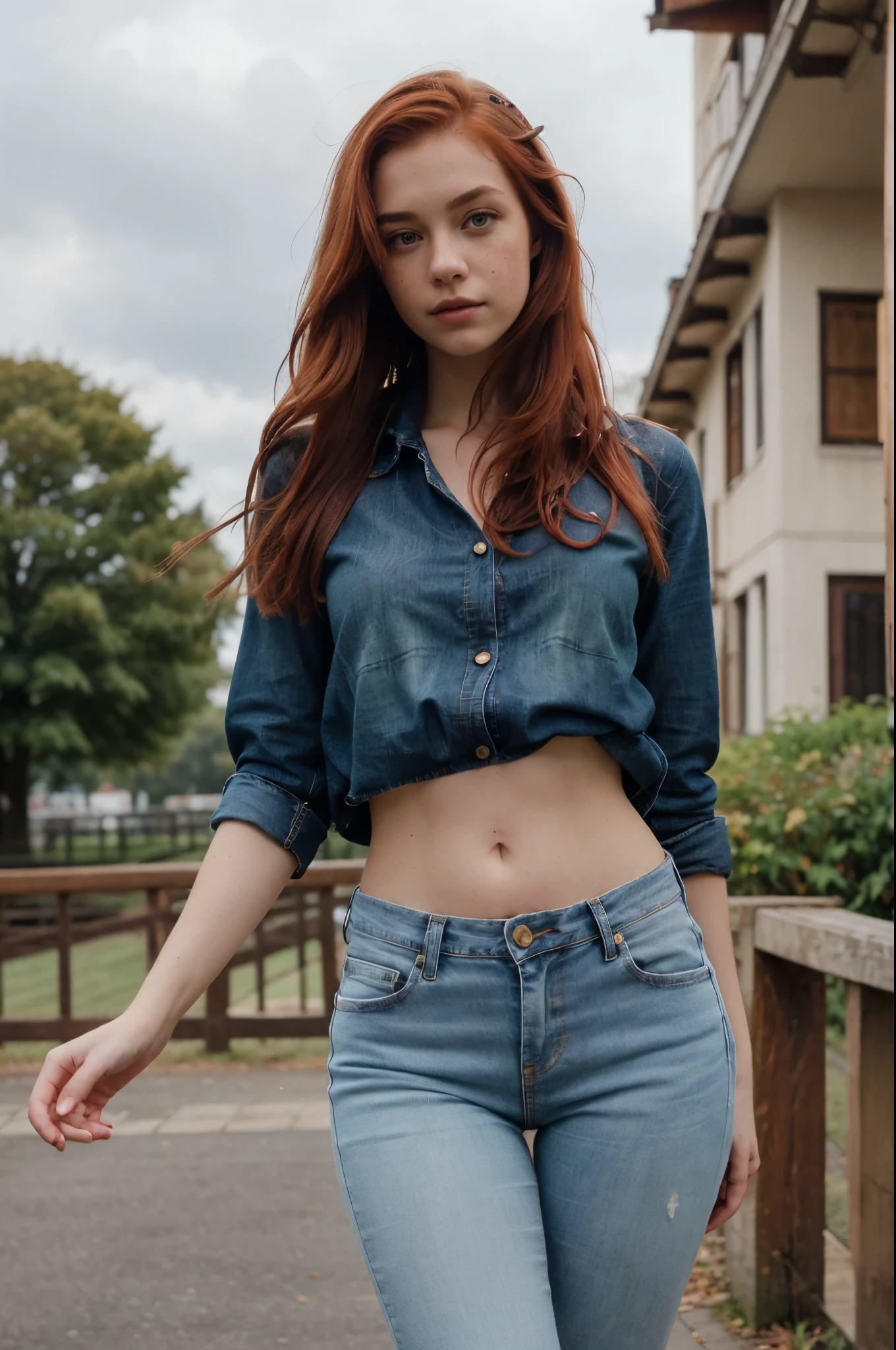 ((best quality)), ((masterpiece)), (detailed), ( perfect face, young skinny girl, thin legs, thin thighs, wear jeans and hodie blouse), ((red hair)),green eyes, wavy long hair, freckles, ((photo with horse, outside))
