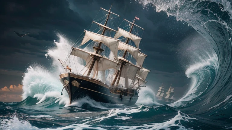 a picture on the wall of a ship amidst rough seas, where the illusion of water bursts forth with true depth towards the camera. Rendered in stunning 4K resolution, this cinematic masterpiece invites viewers to immerse themselves in its immersive beauty. With a captivating blend of photo-realism and artistic flair, this 3D render transcends the boundaries of traditional art forms.