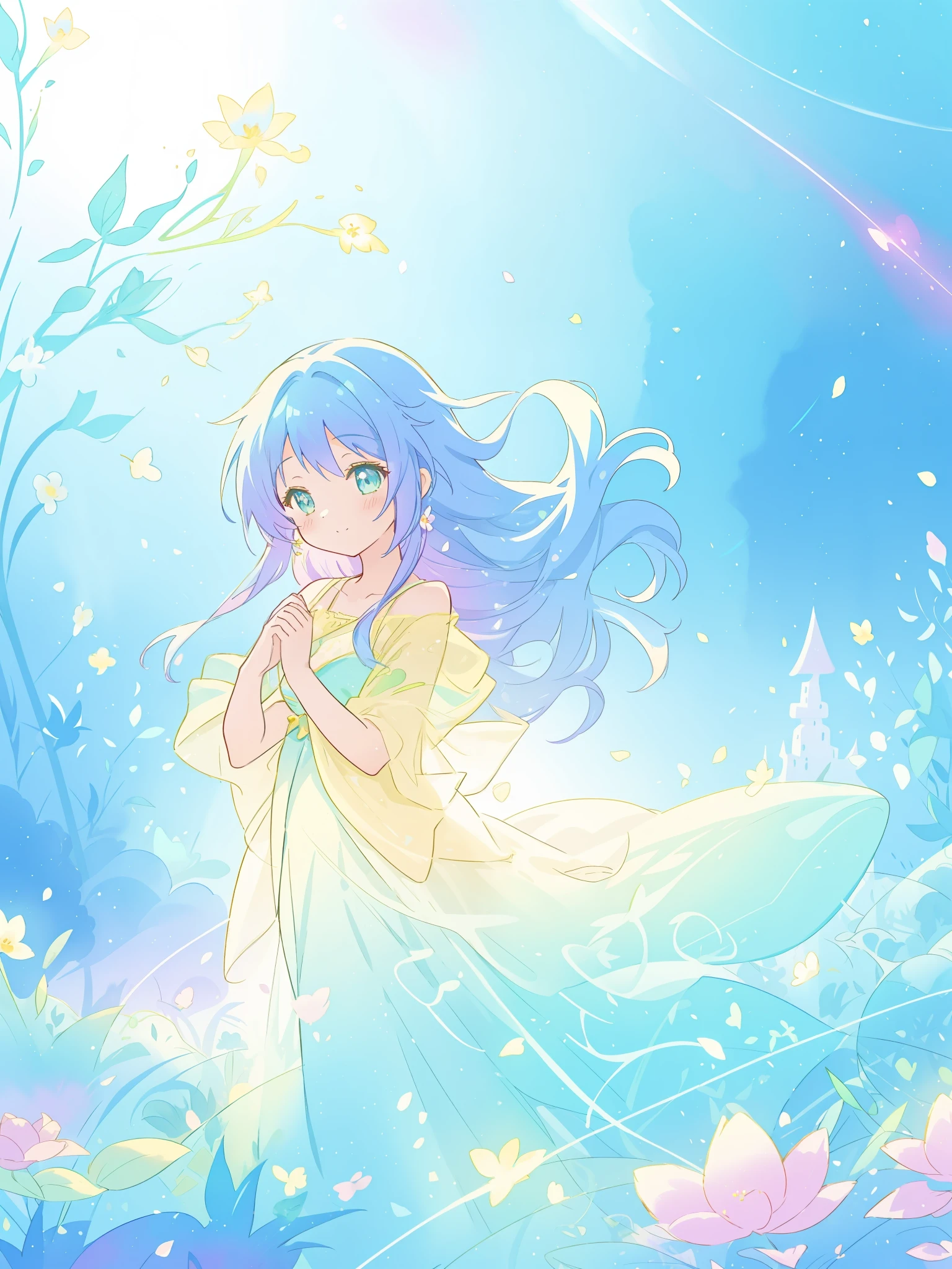 beautiful girl in yellow mint gradient flowing dress, long flowing blue purple hair, colorful fantasia background, watercolor illustration, disney art style, glowing aura around her, glowing lights, beautiful digital illustration, fantasia otherworldly landscape plants flowers, beautiful, masterpiece, best quality, anime disney style