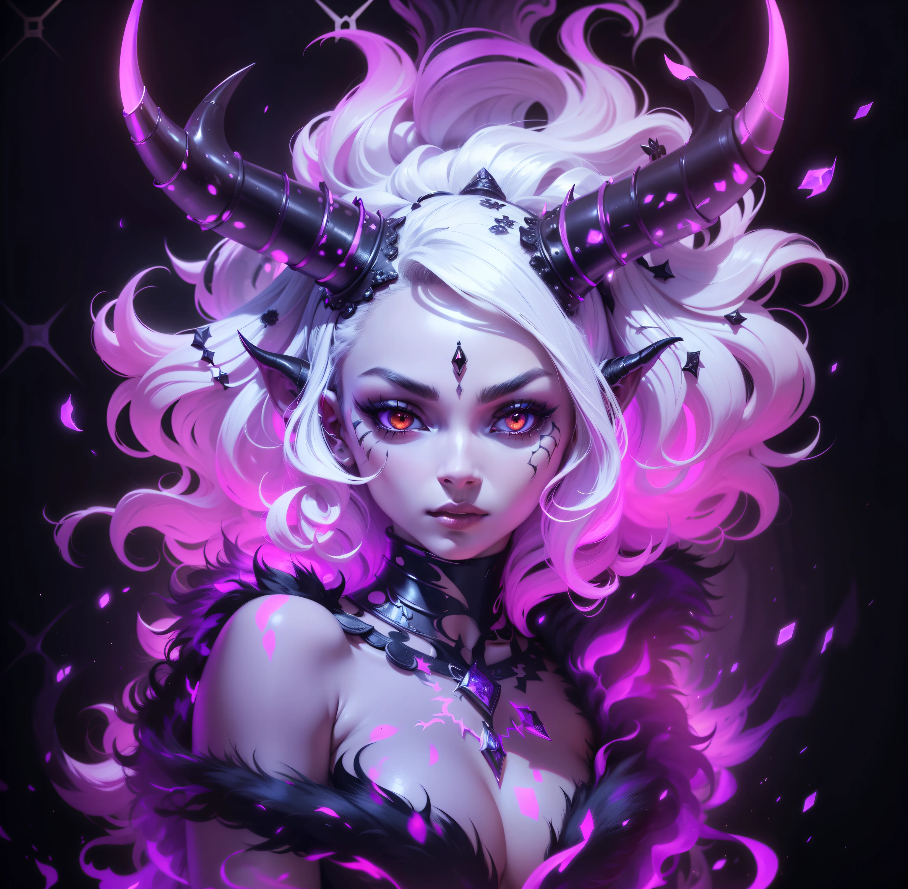 1 horned woman wearing a black fur coat, masterpiece, best quality, (extremely detailed Unity 8k CG wallpaper), (best quality), (best illustration), (best shadow), intricate details, Absurd, fantasy , epic art, Glorious poses, beautiful detailed glow, luminous background glow, insane details