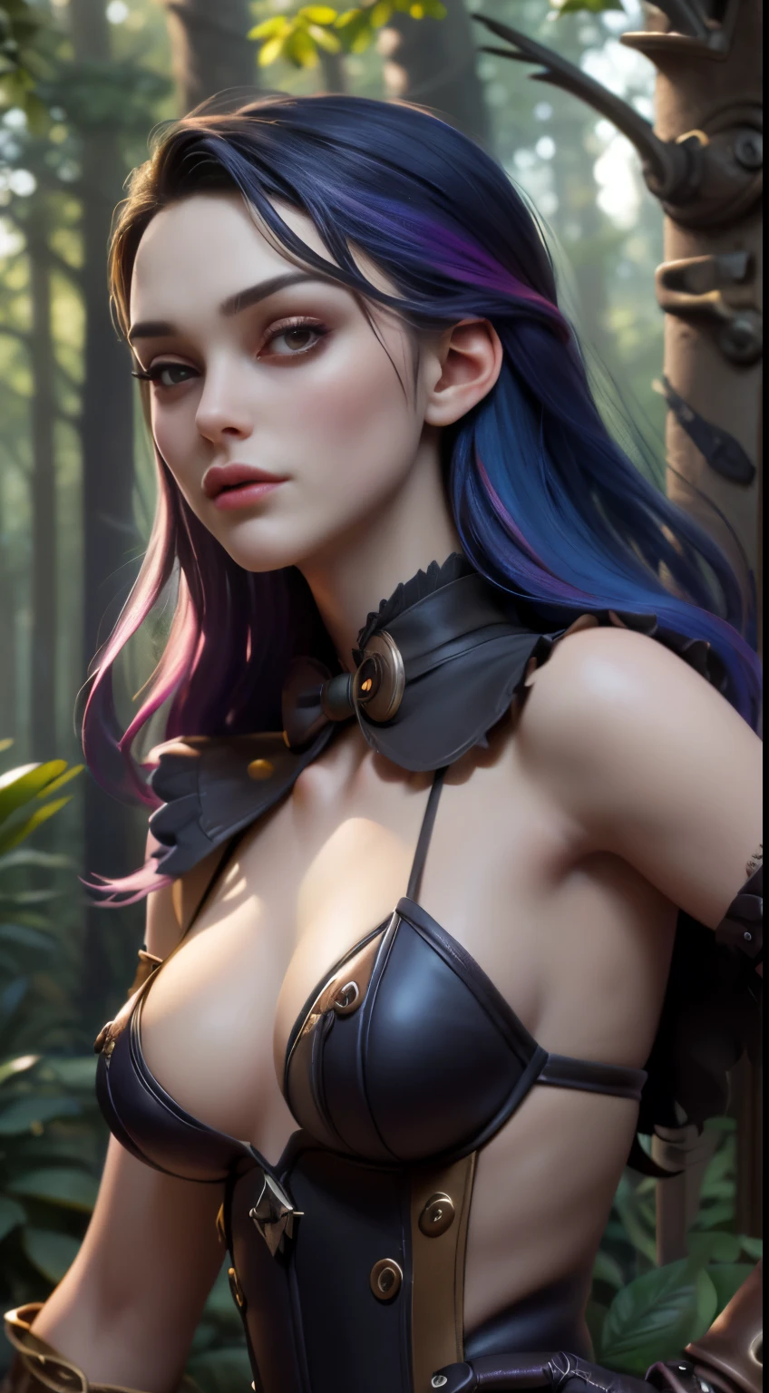 photo of movie star, RAW, beautiful woman, ((portrait)), ((detailed face:1.2)), (colorful rainbow hair:1.1), ((detailed facial feature, detailed skin, clear skin), (perfect proportioned body, medium breasts, poking nipples), arched back ((wearing a revealing American McGee's Alice in Wonderland steampunk dress, gloves)), (high detailed giant mystical forest), (realistic photo, best quality, detailed), (8k wallpaper), (cinematic lighting, dramatic lighting) (sharp focus, intricate)