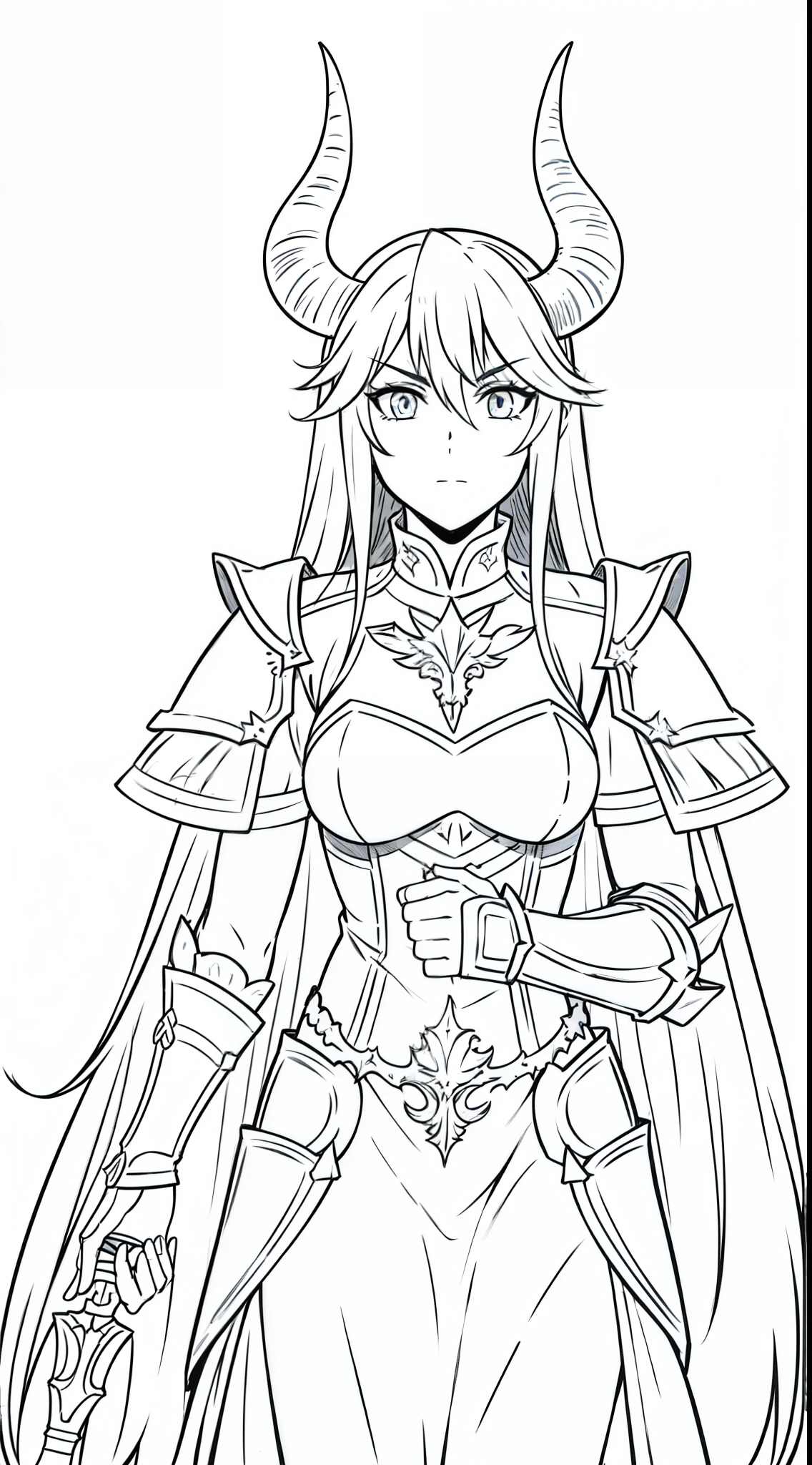 1girl,18s,horns,long hair,cathyl hair,templar golden knight armor,,cowboy shot,(white background,line drawing)