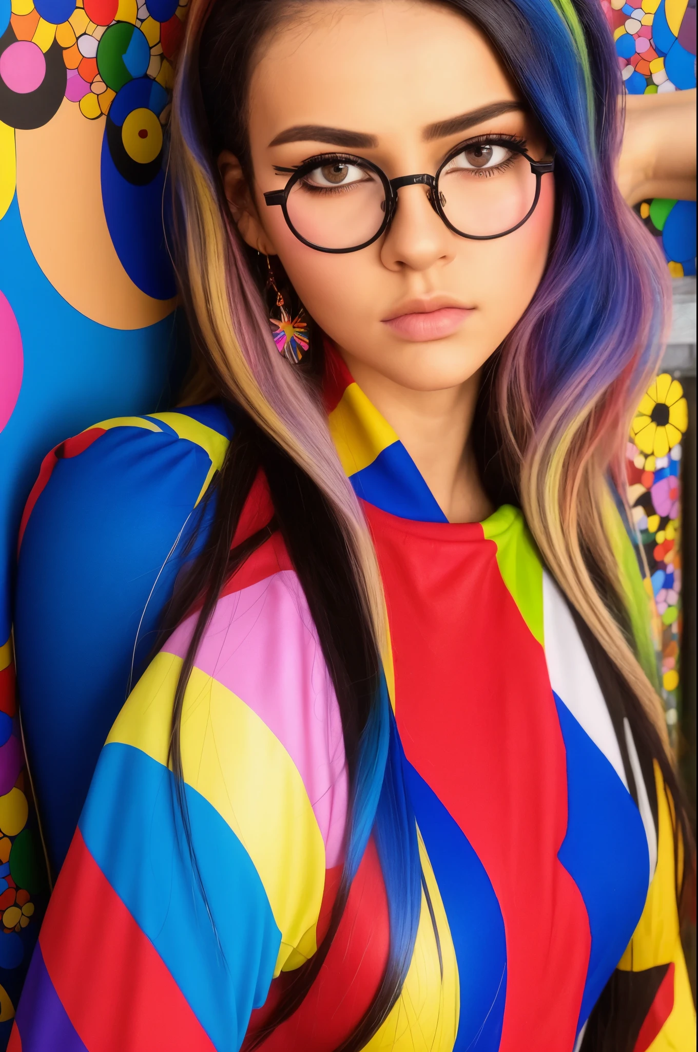 ( , *******, rosto oval, oculos, medium hair, thin lips, boca fechada), Eduardo Kobra ,Romero Brito,The Filling Twins ,multidimensional geometric wall PORTRAIT, until, Chibi, Yang08k, lindo, Coloring, primary works, qualidade superior, melhor qualidade, arte oficial, beautiful and aesthetic,