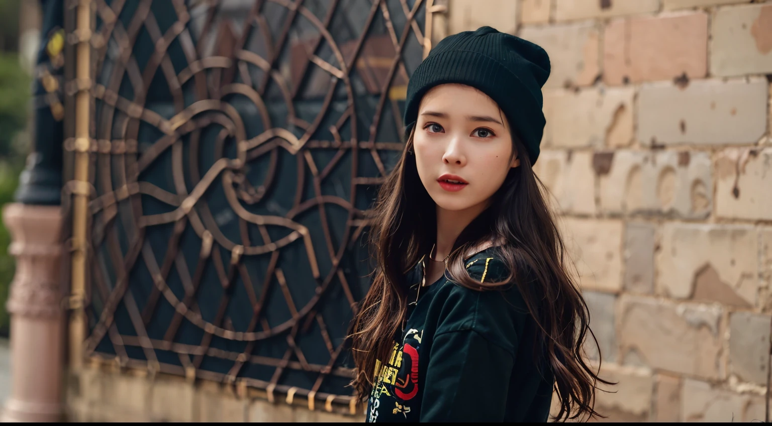 araffe woman in black jacket and hat standing in front of a wall, with black beanie on head, wearing a beanie, wearing a chocker and cute hat, wearing beanie, black haired girl wearing hoodie, beanie, still from a music video, portrait sophie mudd, style of julia razumova, youtube video screenshot, she is wearing a hat