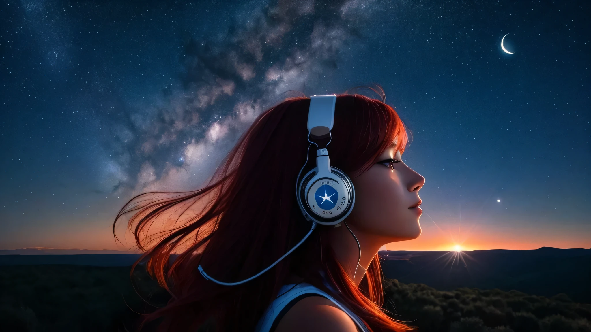 Red sunset,A woman wearing headphones and looking up at the sky, girl stares into space, her hair is a milky way, shooting star,space girl, flowing shining hair, shiny flowing hair, vibrate in time with music, Fantastic atmosphere on a moonlit night, Listen to reverent music, 満天のstarry skyと, starry sky, listening to music at 2 am, Endless silence of stars