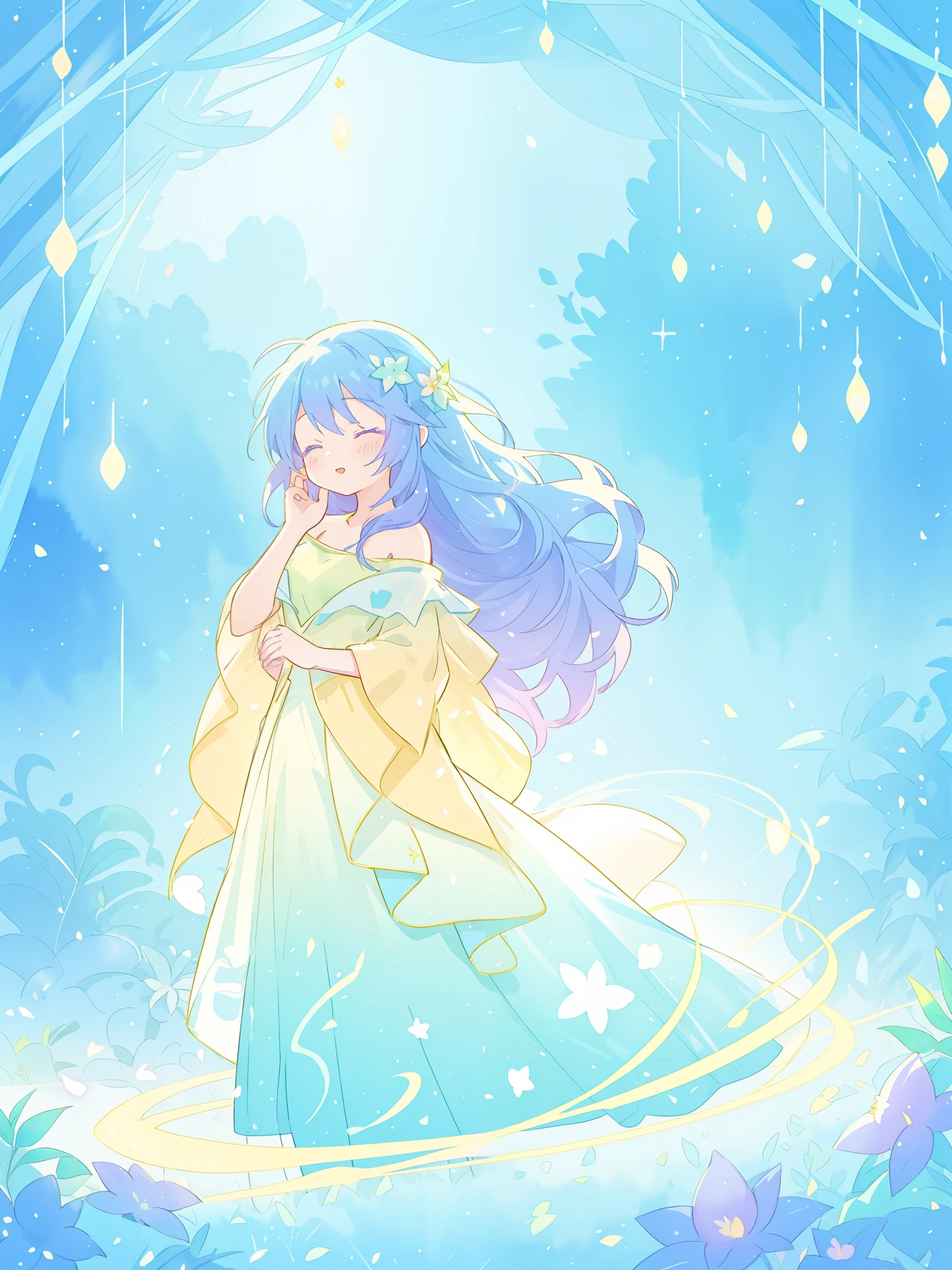beautiful girl in yellow mint gradient flowing dress, long flowing blue purple hair, colorful fantasia background, watercolor illustration, disney art style, glowing aura around her, glowing lights, beautiful digital illustration, fantasia otherworldly landscape plants flowers, beautiful, masterpiece, best quality, anime disney style