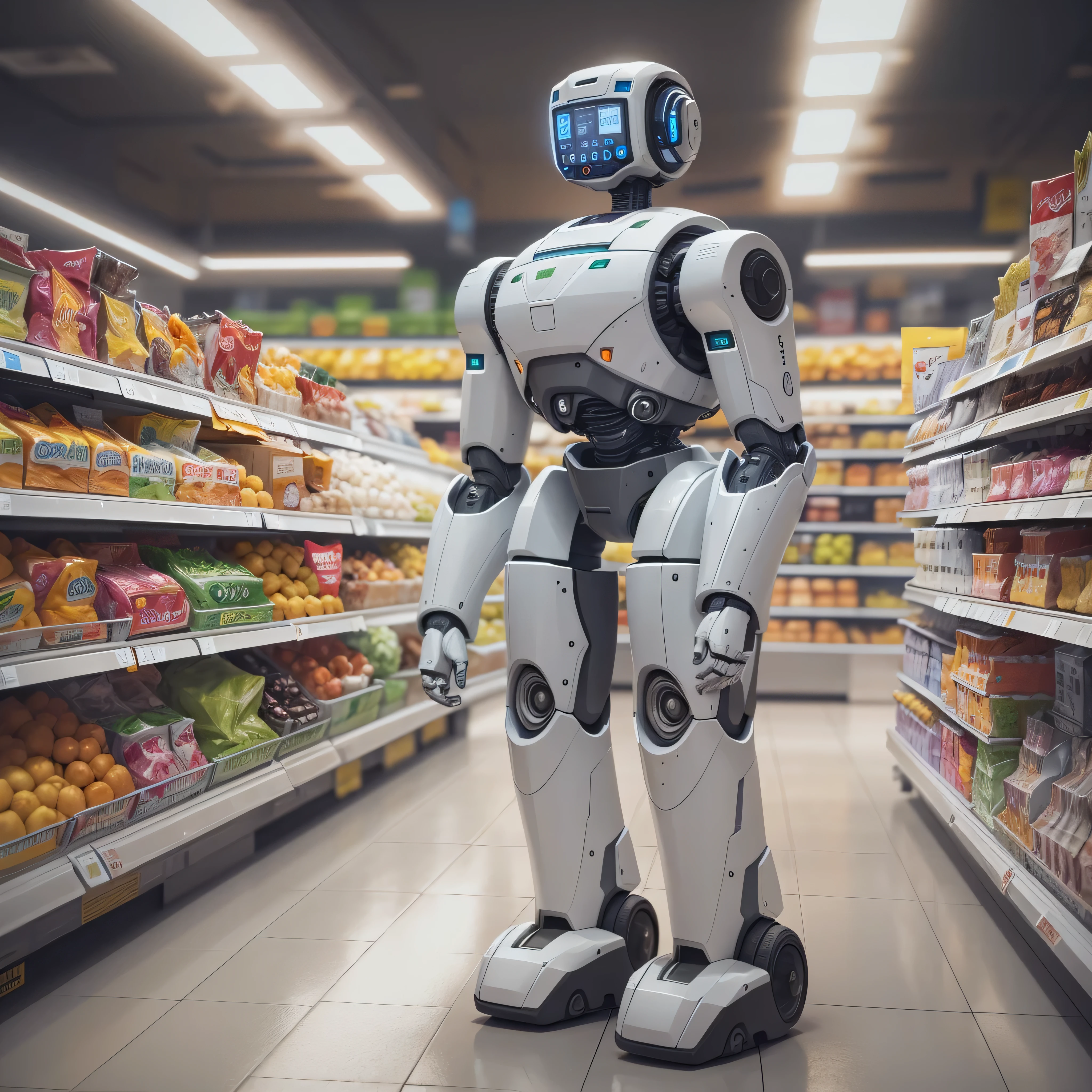 An artificial intelligence grocery store stocker robot, in a grocery store, and the robot is the stocker, photo-realistic, octane render, unreal engine, ultra-realistic