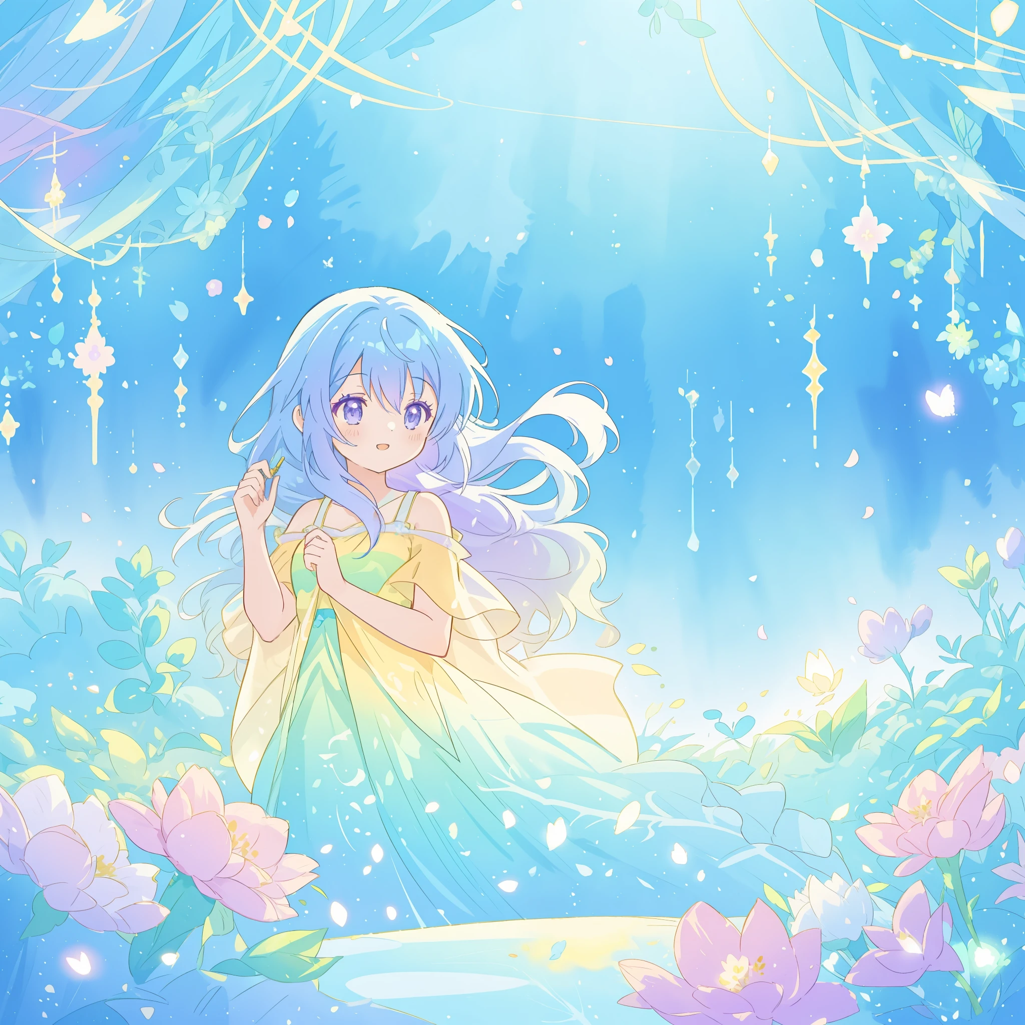 beautiful girl in yellow mint gradient flowing dress, long flowing blue purple hair, colorful fantasia background, watercolor illustration, disney art style, glowing aura around her, glowing lights, beautiful digital illustration, fantasia otherworldly landscape plants flowers, beautiful, masterpiece, best quality, anime disney style