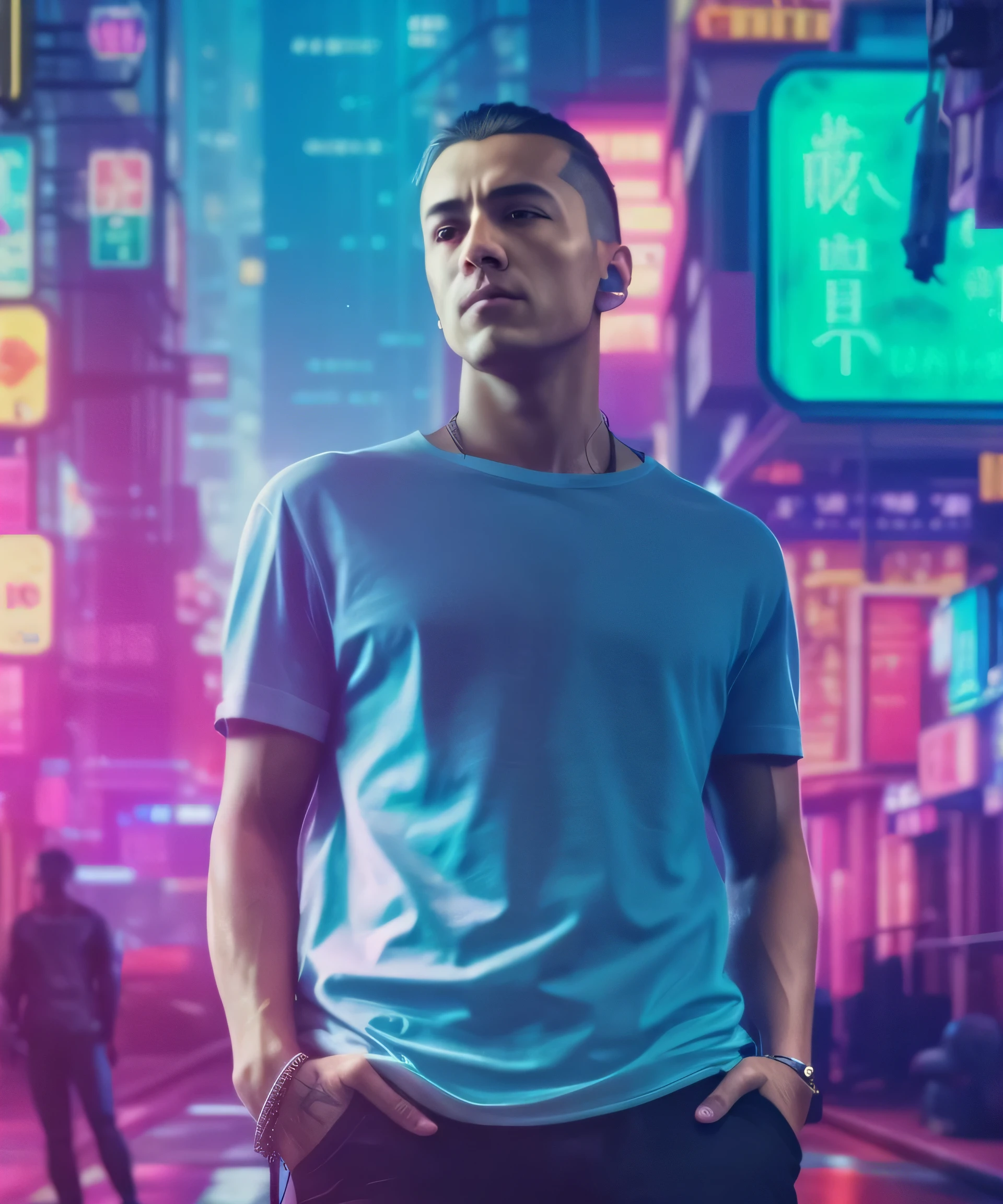 A man stands in the middle of a city street at night.., In the city of cyberpunk, Hyper realistic cyberpunk style, in a cyberpunk city, in a cyberpunk setting, in a cyberpunk city, in a cyberpunk city, in the aesthetics of cyberpunk, cyberpunk style, hero pose colorful city lighting, cyberpunk with neon lighting, hybrid mix of Beeple style, cyberpunk in a cyberpunk city, hyperrealistic photo, realism