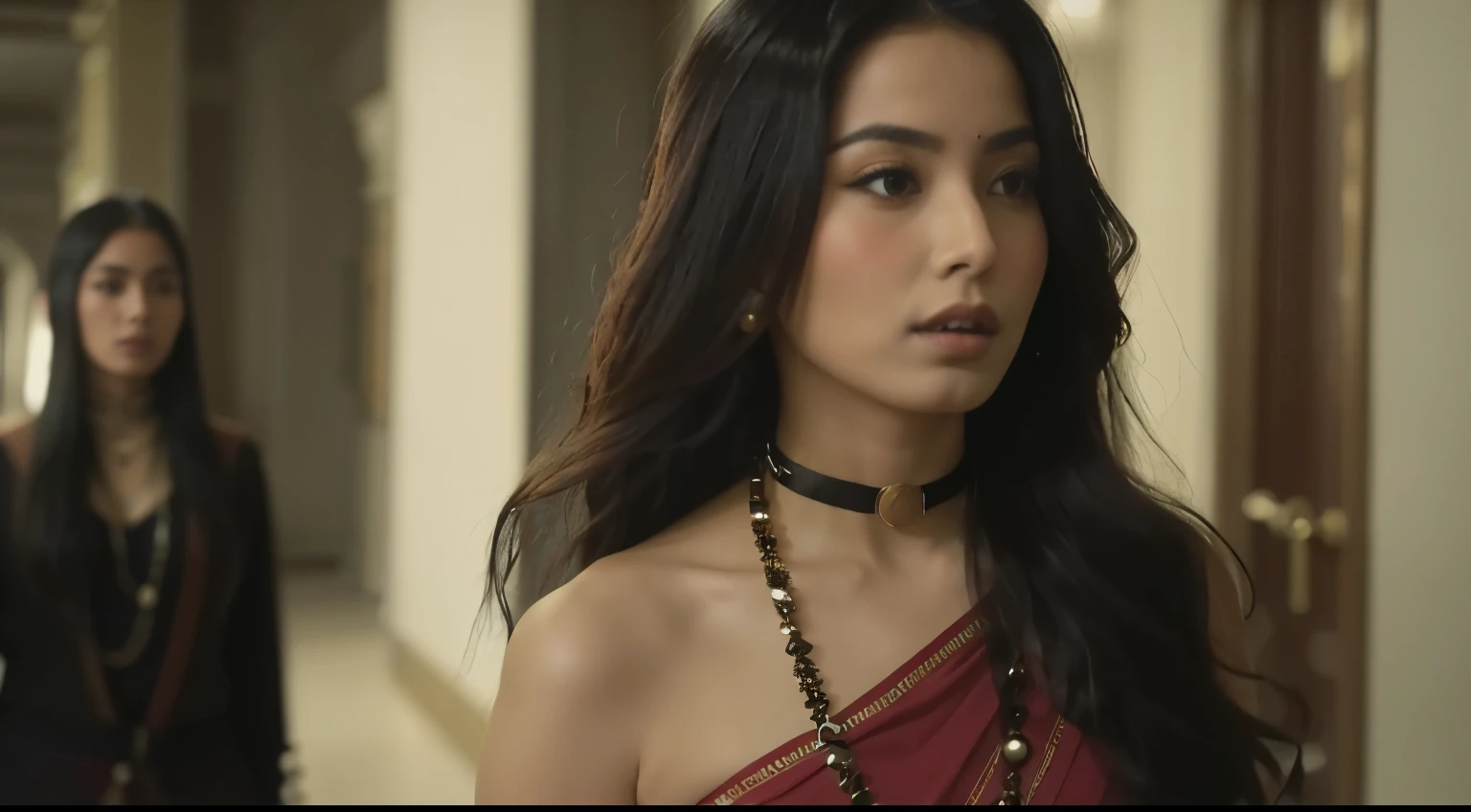 there is a woman standing in a hallway with a necklace on, wearing a native american choker, cinematic goddess shot, beautiful himalayan woman, portrait of modern darna, wearing an elegant tribal outfit, still from a music video, a young woman as genghis khan, cinematic goddess close shot, stunning woman, still from a terence malik film, still image from tv series