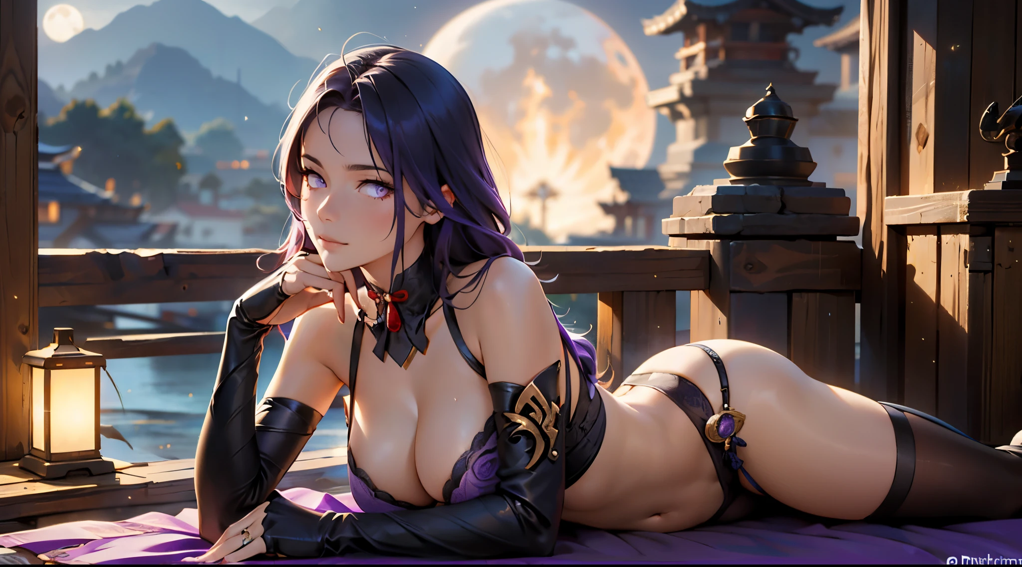 (foto ultra realista, 8k hd, cheio de detalhes nas roupas e no rosto, obra de arte, Deusa da beleza). Shogun Raider from Genshin Impact is a sexy woman with long, flowing purple hair, que usa uma lingerie sexy altamente detalhada, She wears a jewel on the side of her head adorned with golden details and a jewel in the center. - Ela usa uma roupa roxa e rosa com detalhes dourados, com desenhos ornamentados em ouro. The upper part of the armor is tight to the body, destacando suas curvas. (ela tem seios longos, seios enormes e perfeitos emergindo de seu sexy, erotic neckline, SEIOS pontiagudoicro calcinha transparente mostrando a bucetinha, buceta perfeita)), corpo definido, corpo com curvas, bunda grande e empinada, buceta mostrando, His arms are covered in armored gloves with similar designs in gold and secured to the arm by straps... - A piece of cloth flows from his waist, complementando o visual da armadura. - Her face is very beautiful, She has light pink eyes and a serious expression. - No fundo, there is a dramatic sky full of dark clouds and lightning lighting up the scene. The full moon is also visible between the clouds. ((Super modelo deitada))