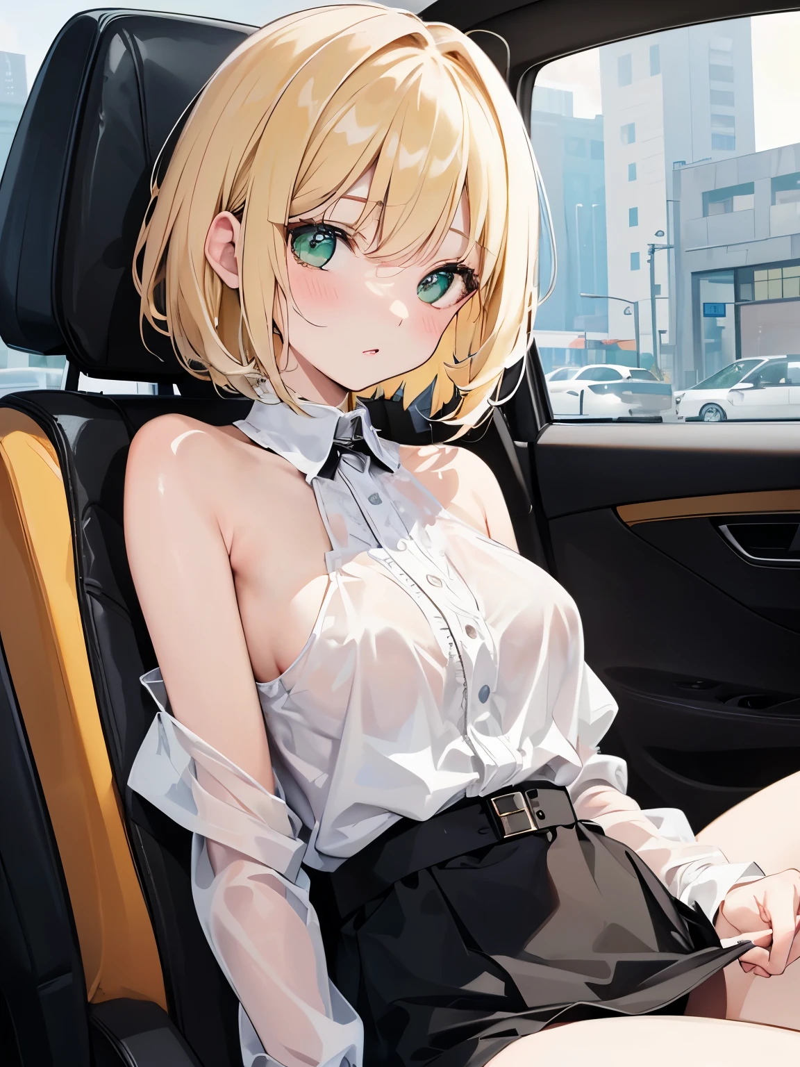 8K, highest quality, masterpiece, super detailed、blonde、young face、very short hair、straight hair、medium breasts、pale green eyes、droopy eyes、full lips、whole body、lipstick、、whole body、Inside the car、inside the car、Exposing panties、show your breasts、、blush、upper body nude、spread your leghow vagina、I can see the vagina、touch the vagina with one's hand、I'm leaking water