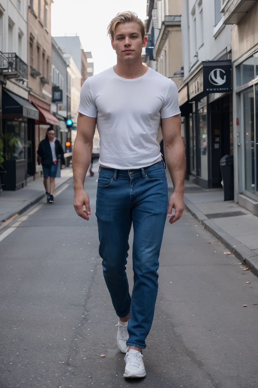 Handsome Hipster Bodybuilding Man, elegant beautiful man, caucasian, blond short hair, blue eyes, 32 year old, wearing denim pants and white shirt, walking in the street, looking straight ahead, arms by their side and feet slightly apart, comfortable stance, cinematic, silhouette