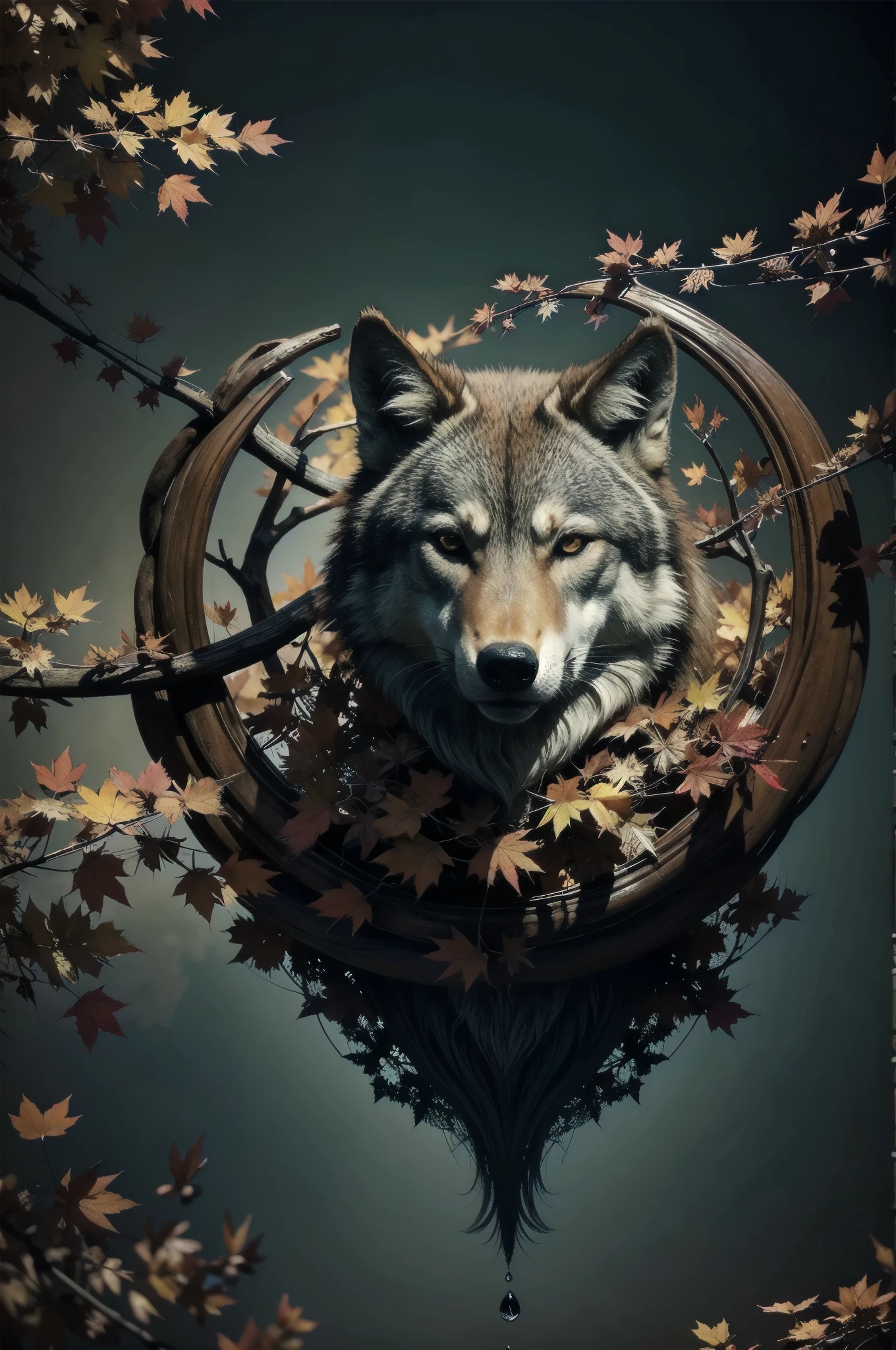 double-exposure technique employed, epitomizes epic high quality wolf image, featuring maple leaves, falling like teardrops, mesmerizing best artwork, intricate details leaves, capturing delicate veins, captivating vivid colors. encaustic technique employed, exudes sense of mythical fantasies and wonder, epic imagination. elaborate and exquisitely executed painting, grand spectacle nature, beauty detail, absurdly clear resolution, every minute detail, best work, entangle, swirling vortexes, (((autumn aesthetics illustration:1.3))), double exposure wolf, in captivating image, exceptionally intricate and breathtaking dark fantasy scene, autumn anemoiacore, backdrop autumn leaves storm, stunning plate gold design, extremely exquisitely crafted, extreme attention detail. majestic background showcases, enchanting glow hazy red moon casting, lighting in the outer areas grows brighter, adding an otherworldly atmosphere composition. extraordinary masterpiece, whether it be painting or photograph, epitomizes epic high quality, immerses viewers in myth symphonic metal style,
