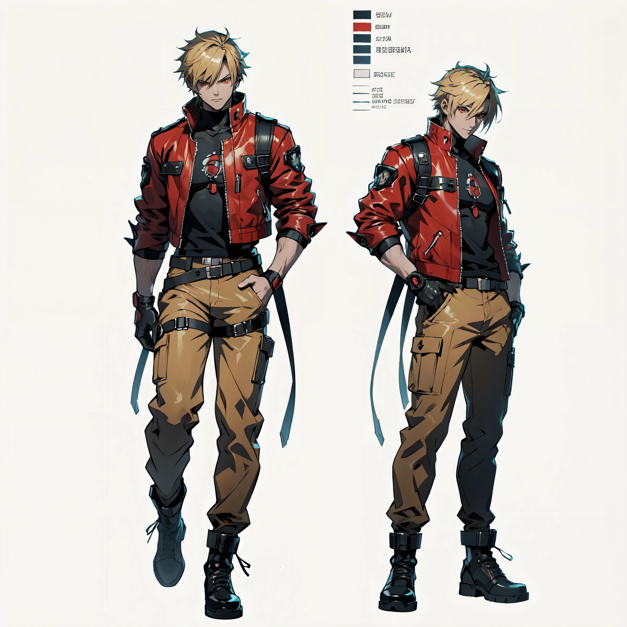 anime boy with a red leather jacket and blonde hair, black shirt, Leon Kennedy, beige and black pants, red eyes, anime cyberpunk character, gloves, anime character sheet, character concept, character walking, full body concept, fighter pose, single character full body,male protagonist 👀 :8, anime style character, anime character, fighting game character, lidia from tekken, fighting game character, guilty gear style,