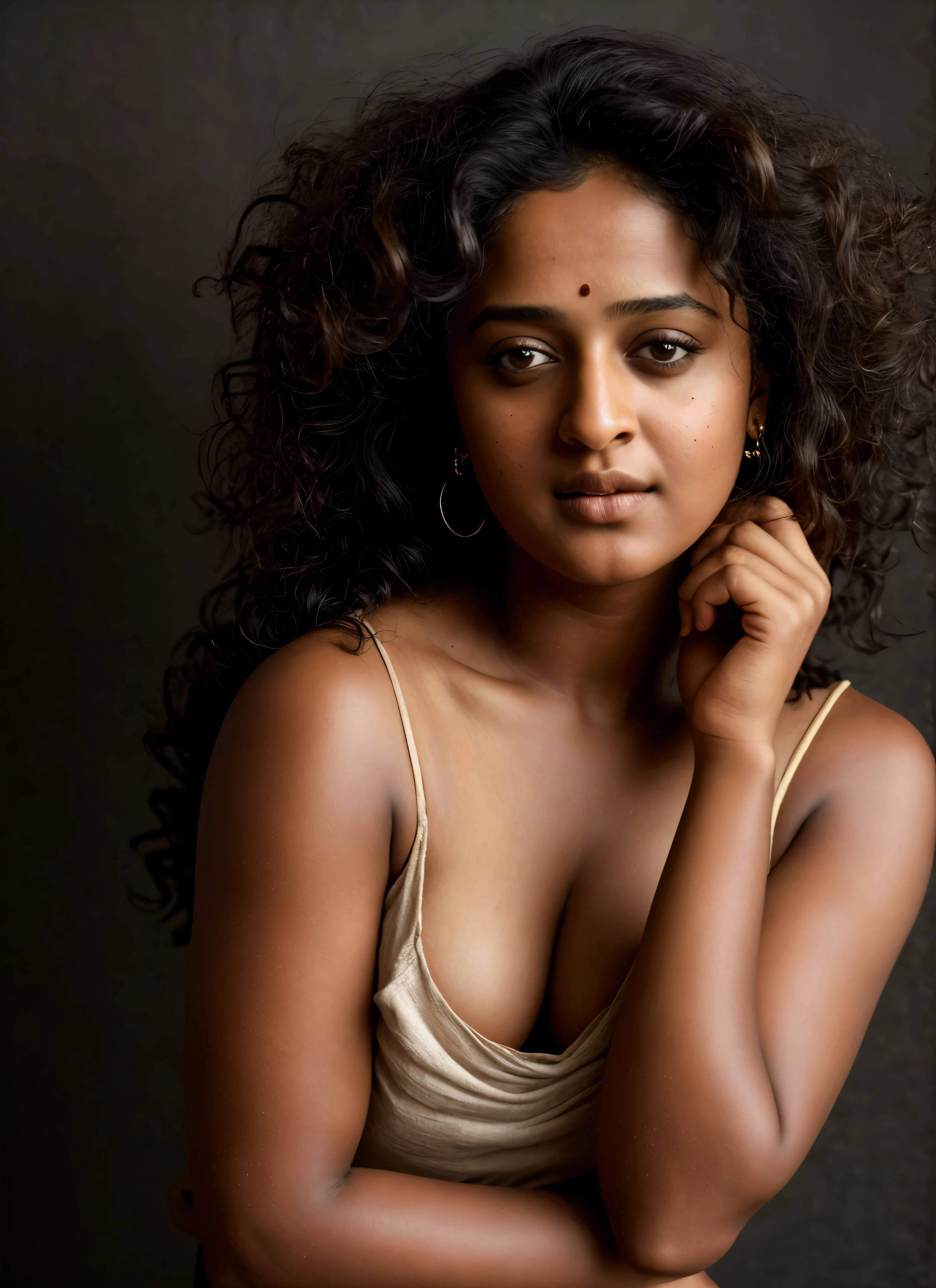 Looks like Anushka Shetty, a photo portrait of a beautiful girl with curls, styled black hair, (face portrait:1.5), dramatic light, Rembrandt lighting scheme, bust shot, linen tank top , top quality editorial photograph, skin texture, skin pores, chocolate skin, high quality skin, top quality photography, professional photography, professional retouching, insane detailing, warm moody tones, raised arms, 