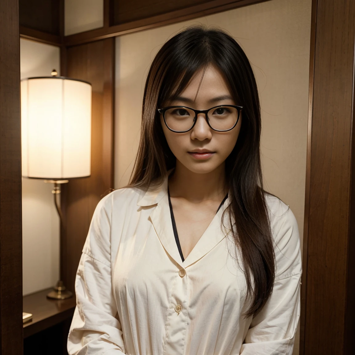 There is a Japanese woman with glasses posing for a photograph , She has a completely beautiful and deified appearance 