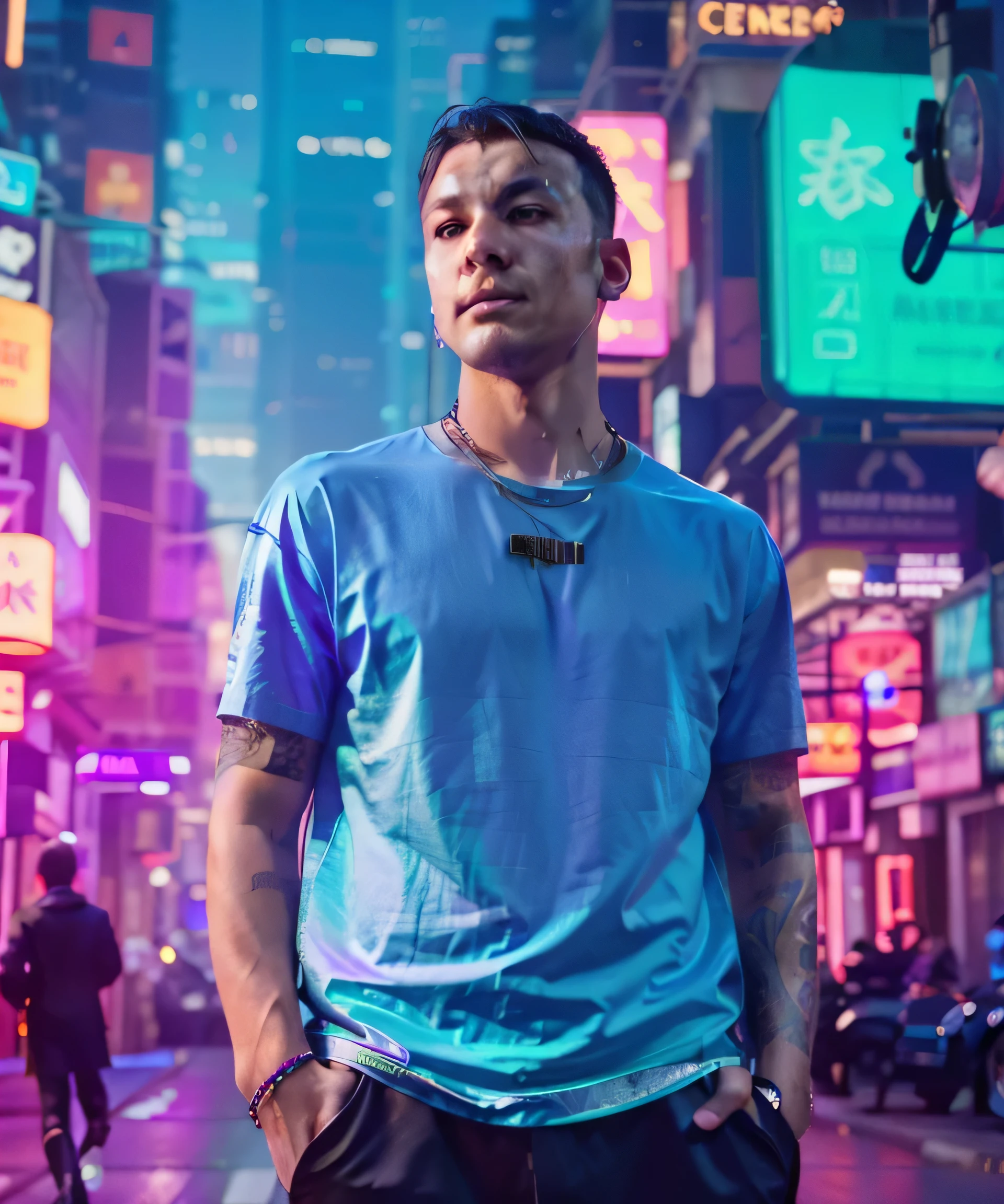 A man stands in the middle of a city street at night.., In the city of cyberpunk, Hyper realistic cyberpunk style, in a cyberpunk city, in a cyberpunk setting, in a cyberpunk city, in a cyberpunk city, in the aesthetics of cyberpunk, cyberpunk style, hero pose colorful city lighting, cyberpunk with neon lighting, hybrid mix of Beeple style, cyberpunk in a cyberpunk city, hyperrealistic photo, realism