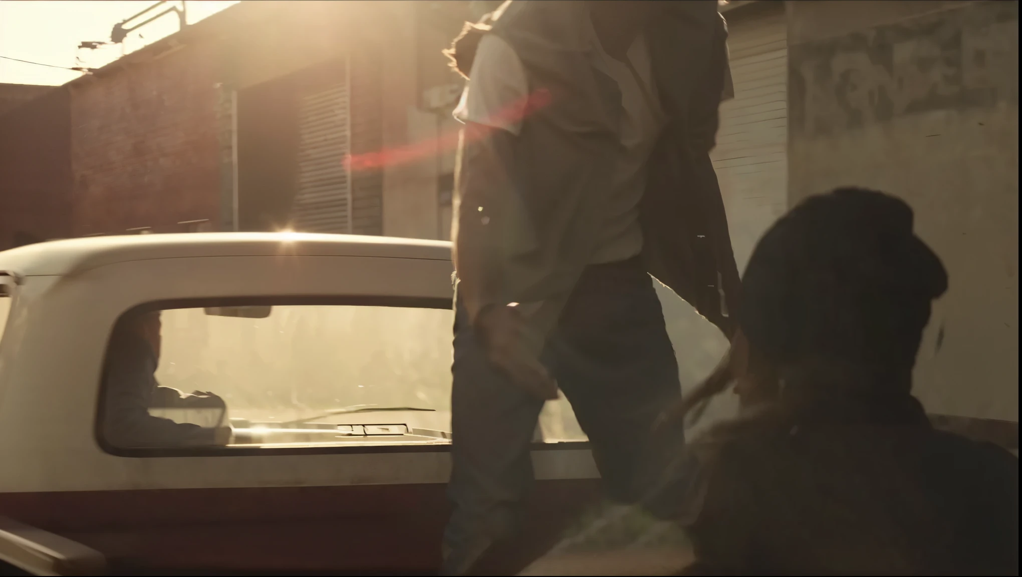 there is a man standing on the back of a truck, action scene from the film, action scene screenshot, still from a music video, cinematic mid shot fight, choreographed fight scene, chasing action scene, fight scene, cinematic action shot, youtube video screenshot, shot from cinematic, shot from movie, shot from danis villeneuve movie, cinematic backlighting