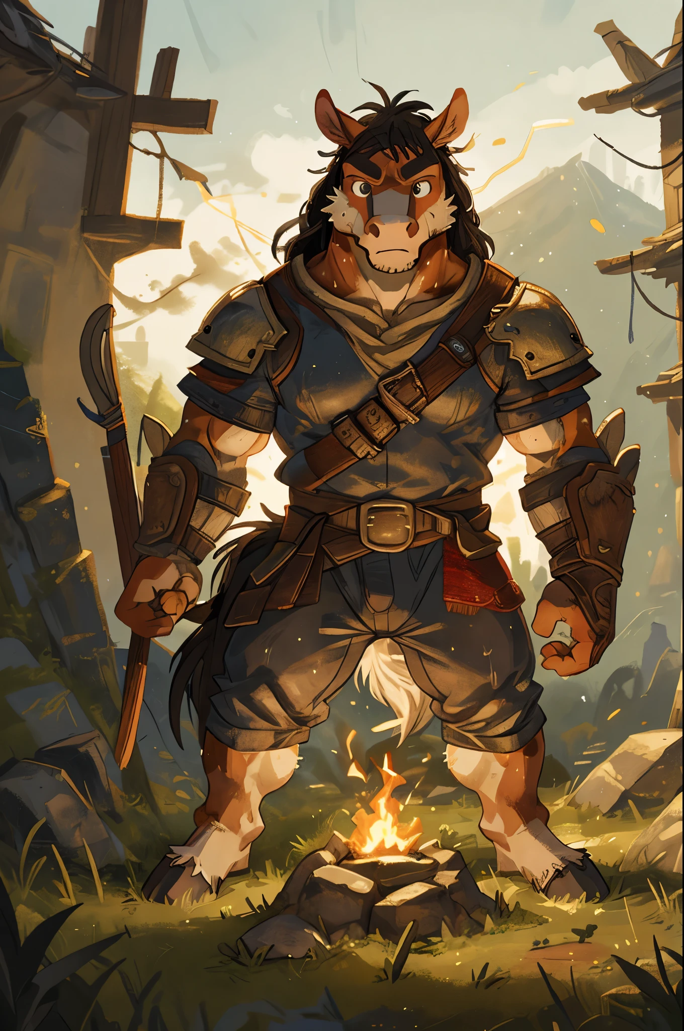 top quality, high-quality illustrations, the beautiful depiction of light seen in Vermeer's works, the intricate portrayal of muscles found in Michelangelo's works, Landscapes inspired by biblical themes depicted by Leonardo da Vinci, masterpiece, dark fantasy, castle, gatekeeper, absurdres, Perfect Anatomy((kemono, beastman, solo focus, bulge in the crotch))(Anthro:1.7)((horse facial features, horse body features))(detailed muscles))full body(Fighting Pose) Armor, Spear, Medieval Warrior, (dense sweat:1.4), casting lightning, electricity, swirling fire, radiating power, sparks, smoke, magic, ((dramatic)), epic, battlefield, depth of field, bokeh, 4k, gothic, ember, particles,