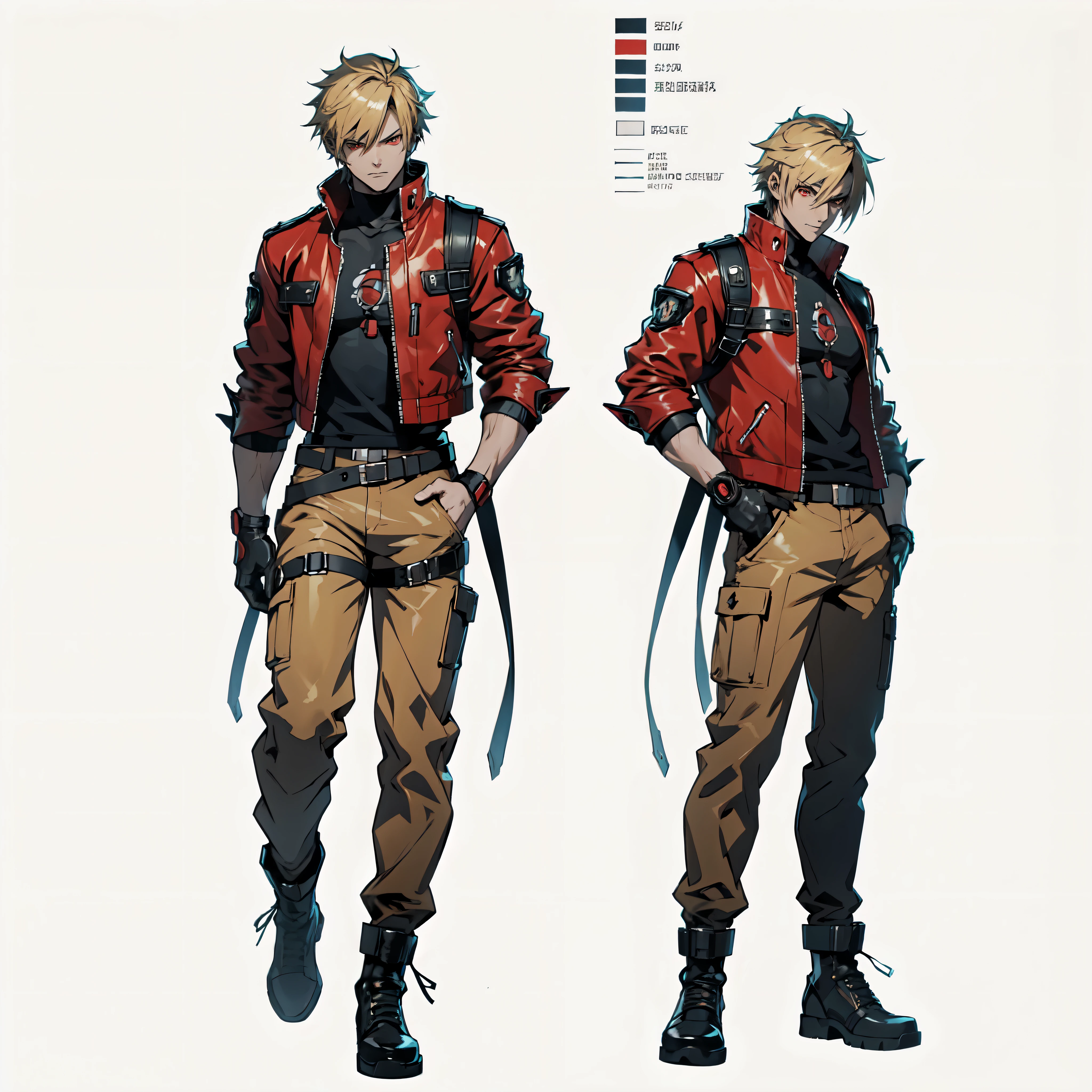 anime boy with a red leather jacket and blonde hair, black shirt, Leon Kennedy, beige and black pants, red eyes, anime cyberpunk character, gloves, anime character sheet, character concept, character walking, full body concept, fighter pose, single character full body,male protagonist 👀 :8, anime style character, anime character, fighting game character, lidia from tekken, fighting game character, guilty gear style,