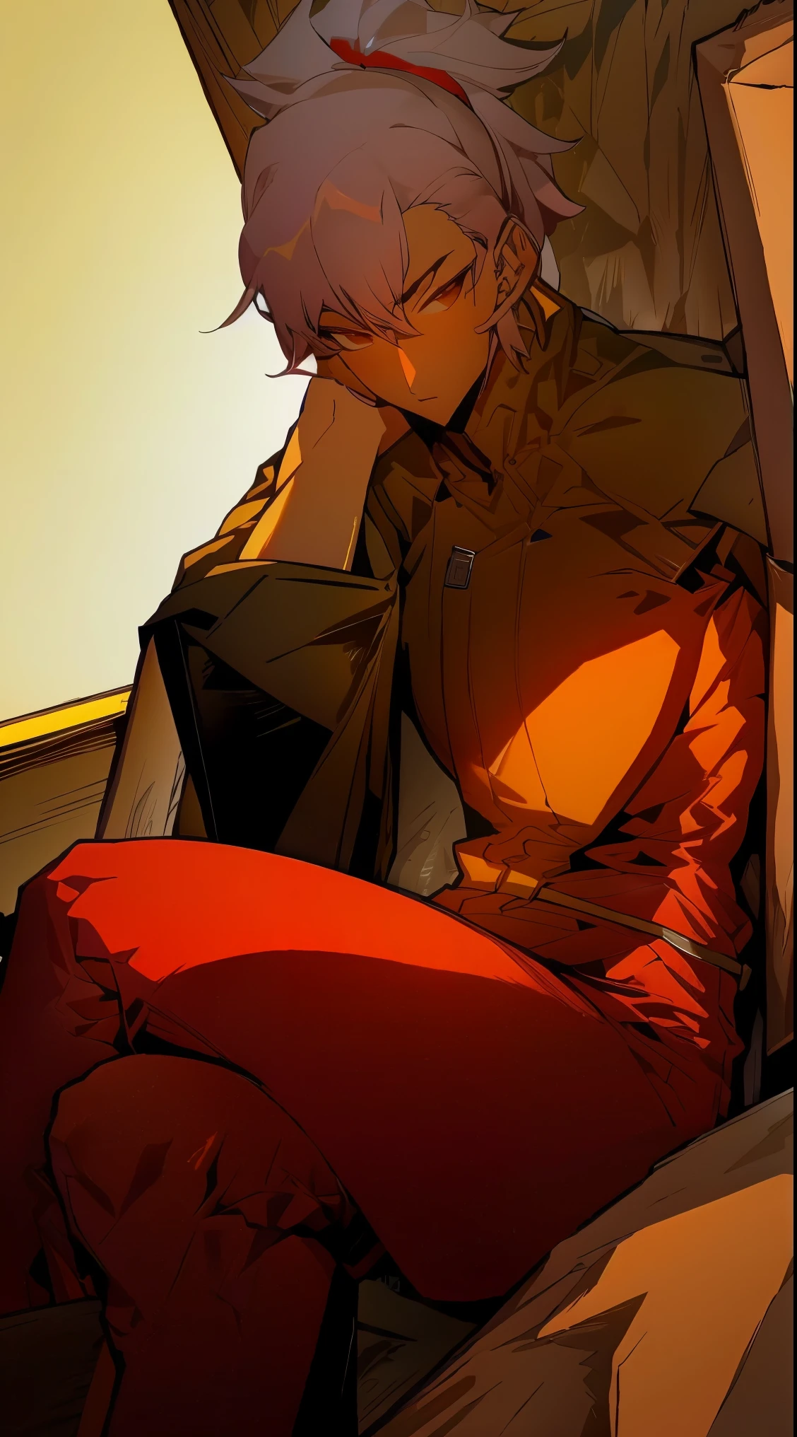 (High resolution), (in 8k), (extreme detail), (best illustration), (beautifull detail), (best quality), (master piece), (detailed face), (black and yellow jacket, black cargo pant)full body, sitting on a pile of box, red eyes, white hair, ponytail, dark skin, Realistic fantasy rendering, Realistic anime girl rendering, full body portrait, popular in CGSTATION, cyberpunk city,,, bored look, angry, hot hair, looking at the camera