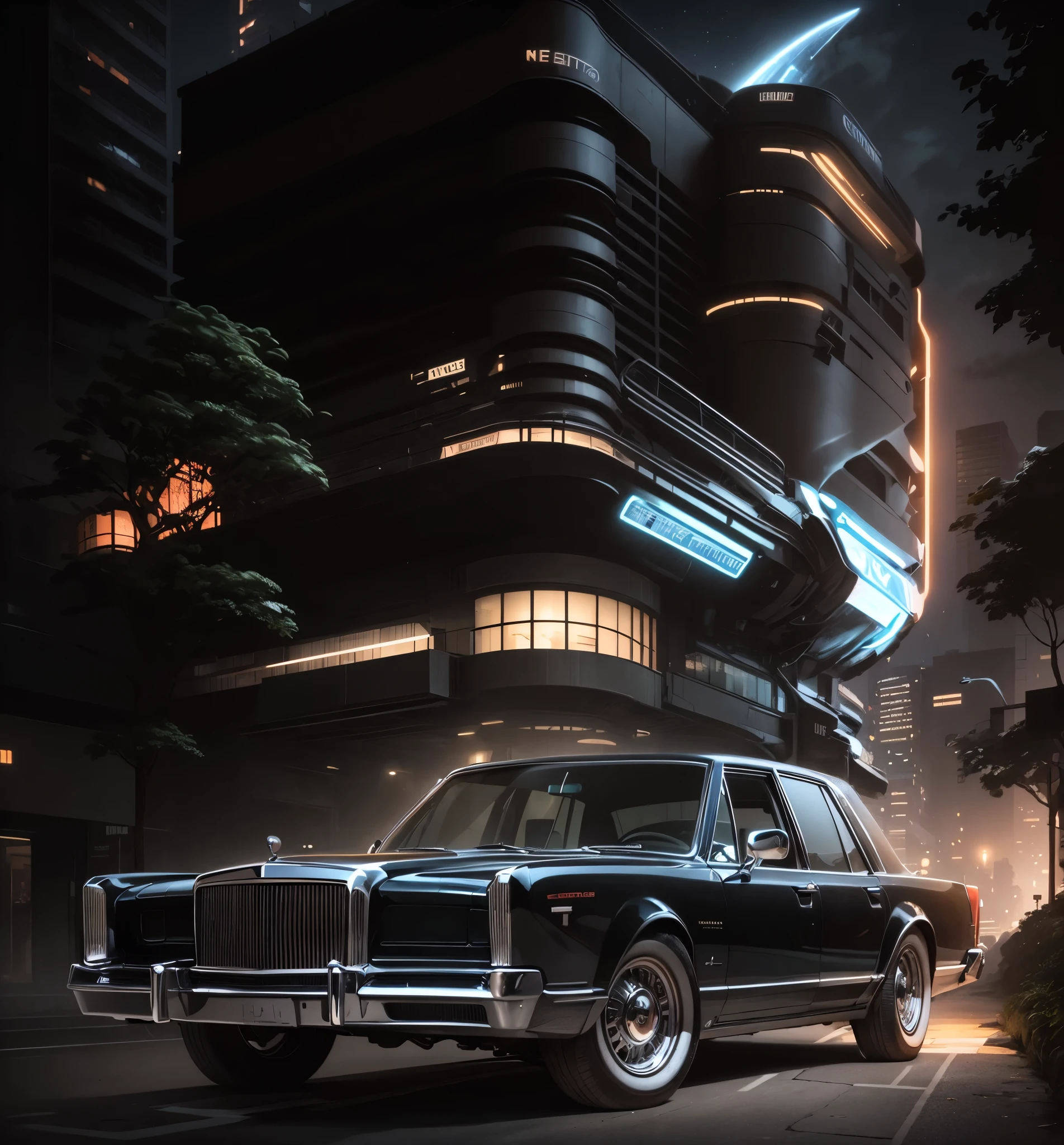 An imposing classic Lincoln Continental Mark IV showroom car, impecavelmente restaurado, ostenta rodas BBS RS de 17 polegadas com acabamento cromado. Its ridiculously low posture brings it closer to the asphalt of the tree-lined street dominated by retrofuturistic buildings illuminated on a beautiful, starry night.