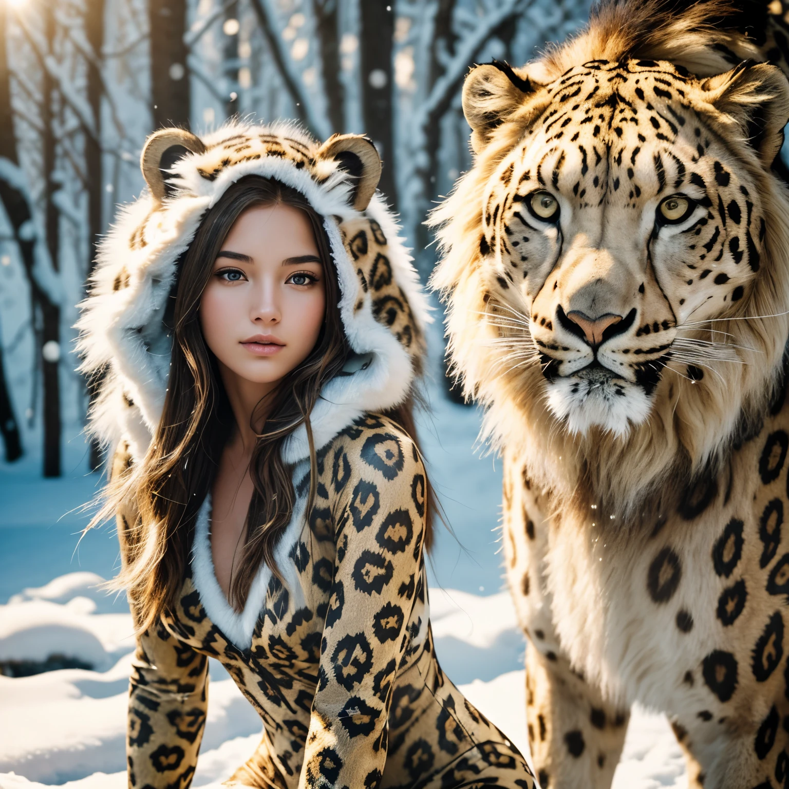 Masterpiece, a beautiful girl in a snow leopard costume and swimsuit is playfully posing next to a majestic lion, ((realism:1.2, photorealism:1.3)), shot with Canon EOS R5, outdoor setting, winter scene, snow-covered ground, ((skin texture:1.1, snow leopard suit texture:1.2)), ultra high definition, 8K wallpaper, cinematic lighting, shallow depth of field, lion's mane in sharp focus, girl's detailed face and body, warm hue, natural colors, ((film grain:0.8, grainy texture:0.6)).