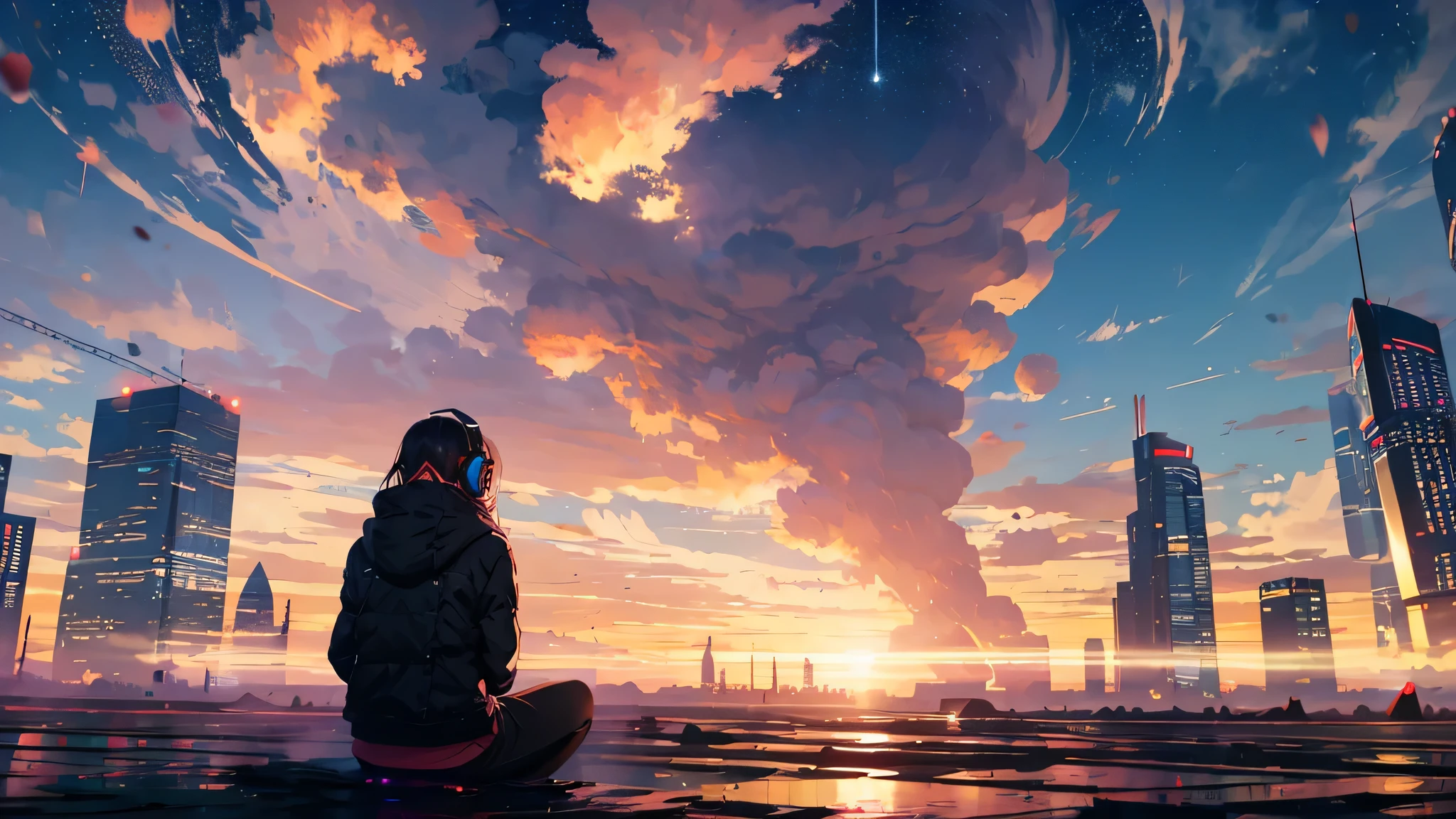 octane rating, Red sunset, star (null), scenery, starnull, night, 1 girl,long hair,silhouette, profile,wear headphones,nightnull,流star, alone, outdoors, Buildings in the distance, cloud, milky way, sitting,nullを見上げている, ,wood, long hair, city, run away,