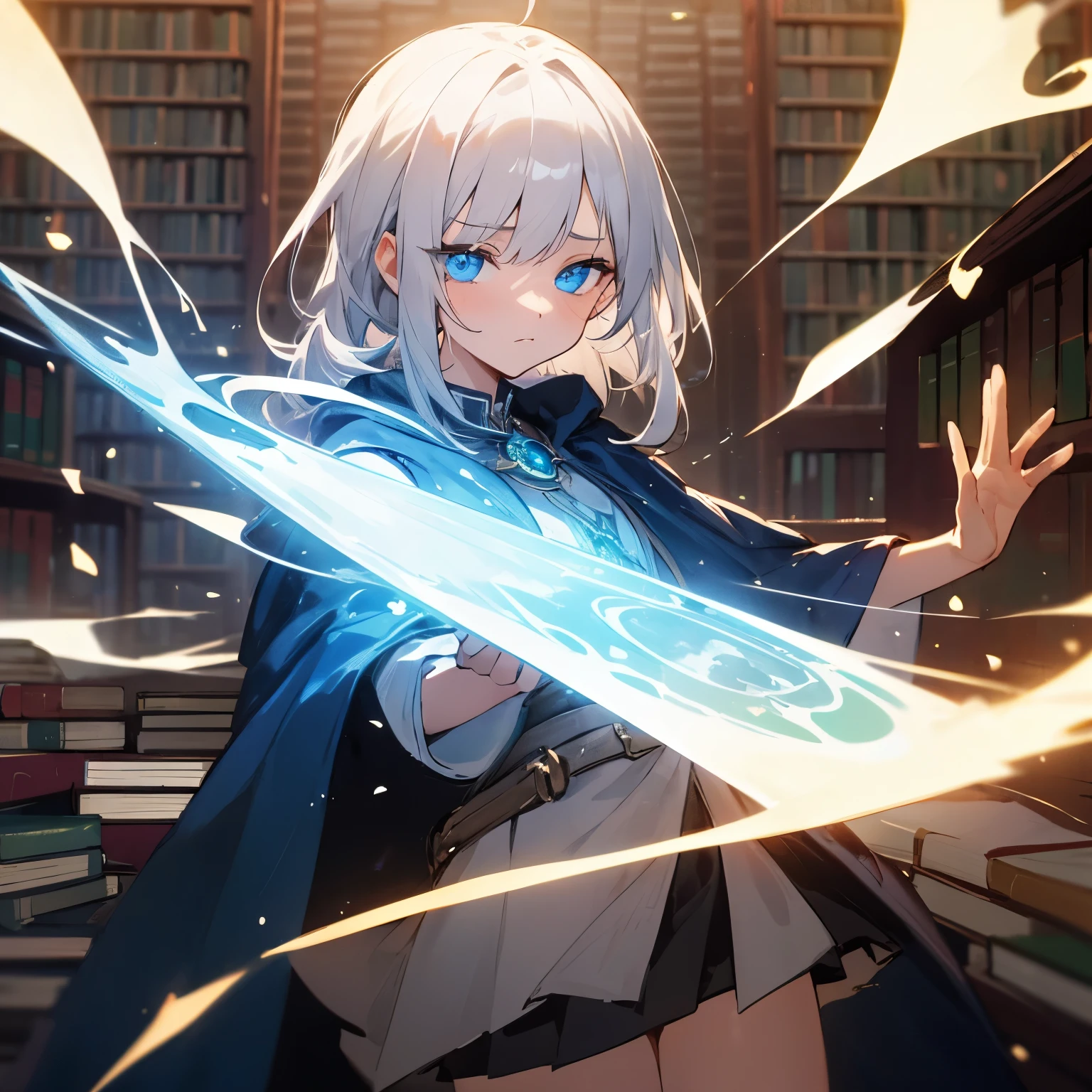 ((best quality)), ((masterpiece)), (detailed) 1girl, beautiful silver hair hair, short skirt, mage, mage outfit, casting magic, library background, short girl, radiant glowing blue eyes, emotionless face