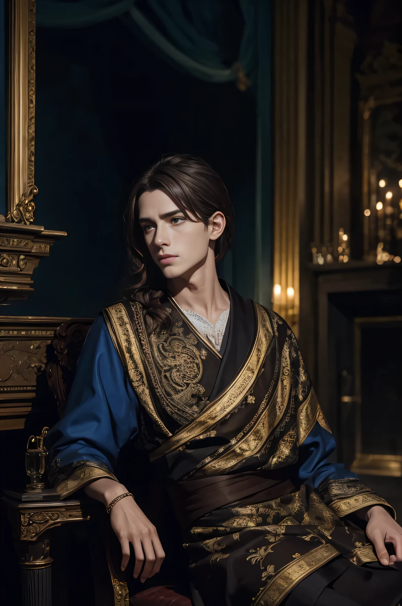 Masterpiece, top quality, 1 , Boy ((7 years)), sitting in the living room, against the backdrop of an aristocratic living room, a fireplace, chess, Blue silk robe, Gold patterns, detailed face ((dark eyes, Brown hair)), Brown hair,
