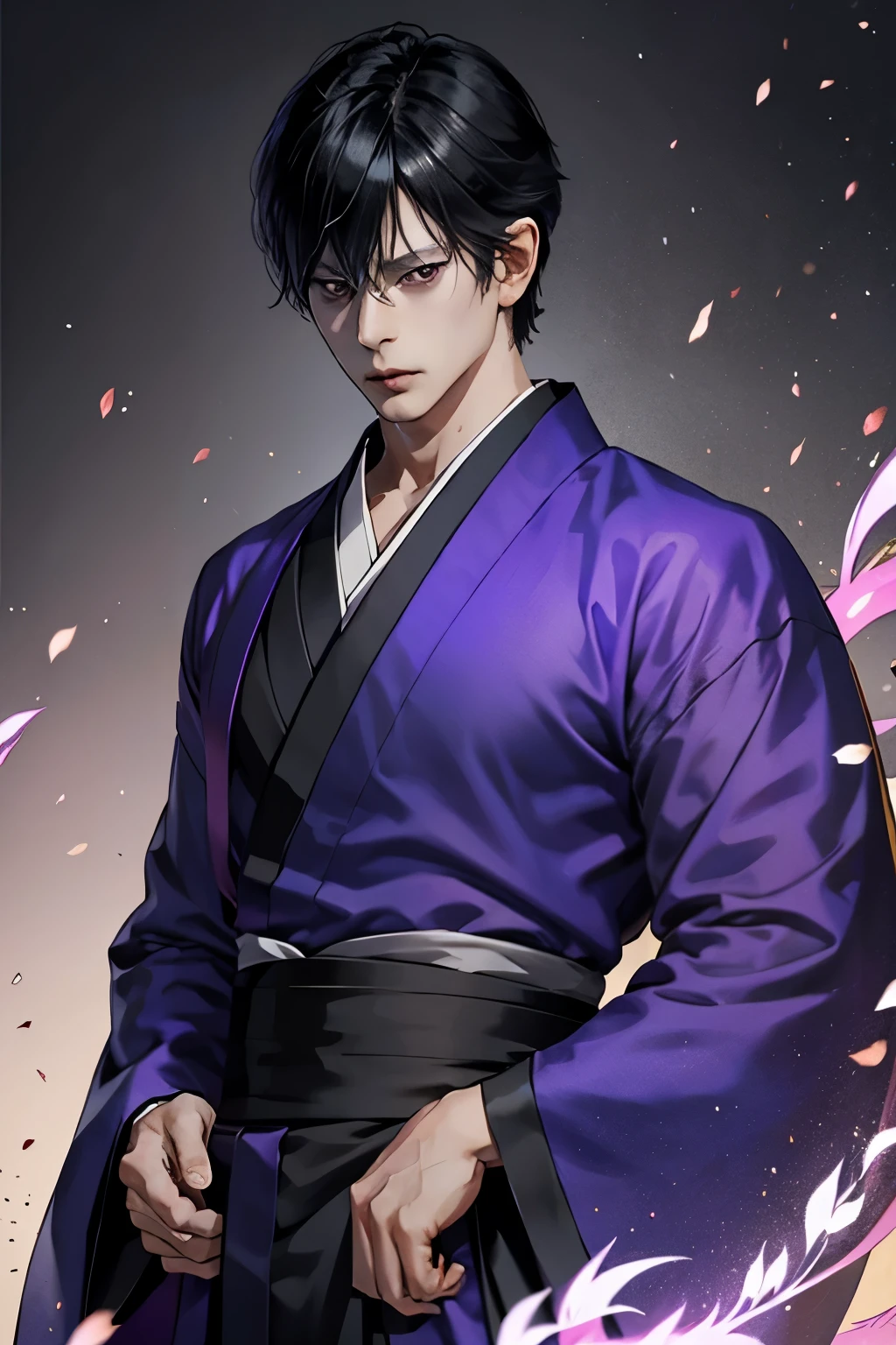 hibari kyoya, black hair, short hair, adult man, male, cold personality, traditional purple kimono