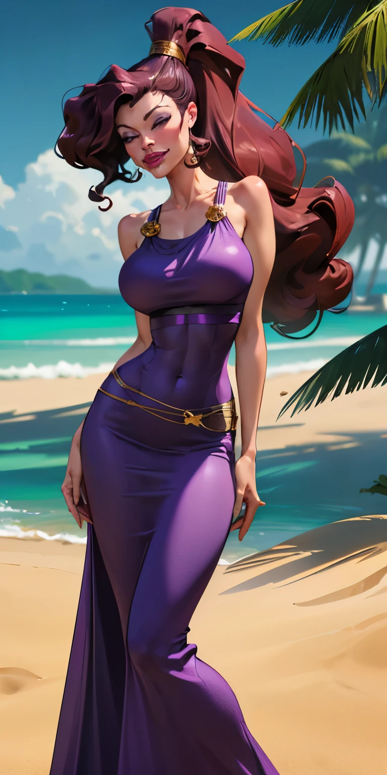 (best quality,4k,8k,highres,masterpiece:1.2),ultra-detailed,(realistic,photorealistic,photo-realistic:1.37),HDR,UHD,1girl, full body of beautiful megara, bare shoulders, long purple dress, looking at viewer, volumetric lighting, best quality, masterpiece, realistic , (angry eyes), (gigantic breasts), 1girl, face portrait of megara, evil smile, half-closed eyes, high ponytail, long hair, bare shoulders, long purple dress, beach, sand, sea, looking at viewer, volumetric lighting, best quality, masterpiece, retro artstyle,  