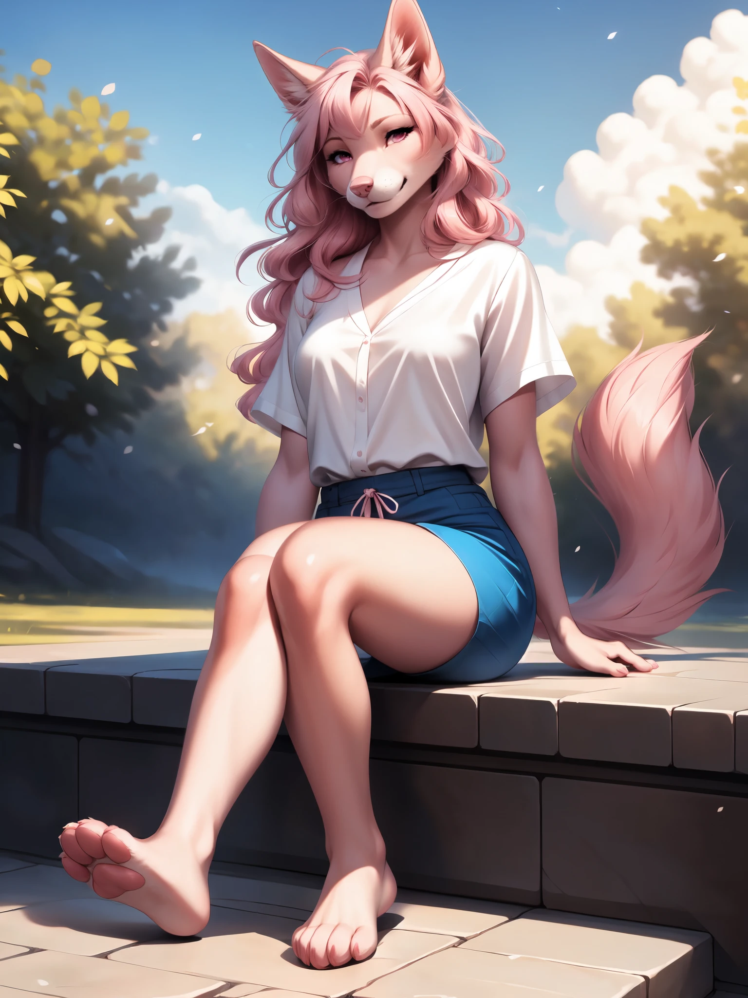 , by personalami, by totesfleisch8, by darkgem, by photonoko, realistic, hyper realistic, Solo, Athena, pink domestic dog, pink furry body, wavy pink hair, pink nose, pink eyes, pink dog tail, pointy dog ears, wearing white blouse, blue boy shorts, barefoot, feet paws, 4 toes, posing seductive, in a heavenly park, sitting on an elegant stone