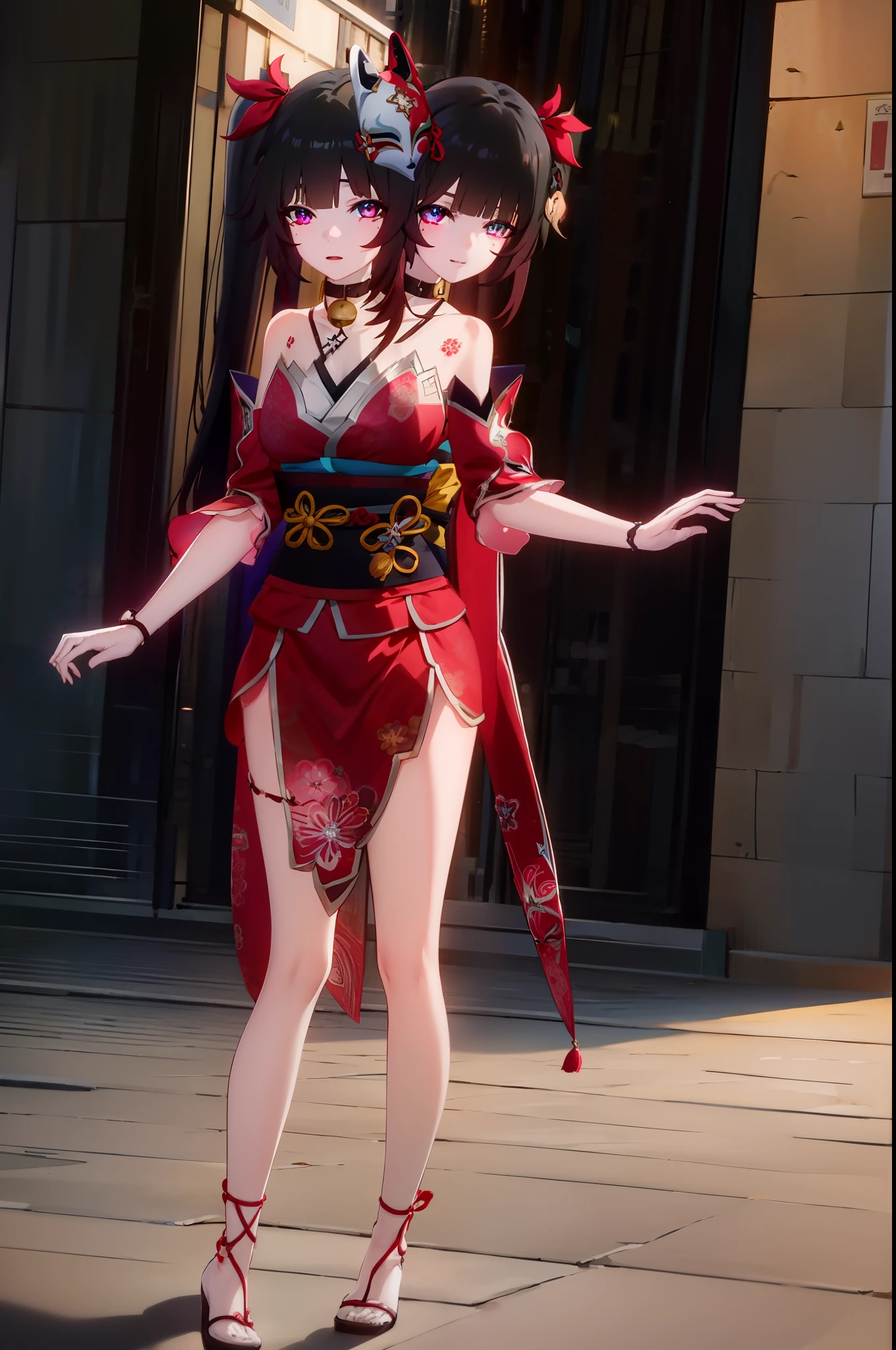 (2heads:1.3), honkaisparkle, sparkle, long hair, bangs, black hair, hair ornament, twintails, (red eyes:1.3), bell, mask, mask on head, fox mask, smile,
BREAK dress, bare shoulders, japanese clothes, sash, tattoo, red dress,
BREAK outdoors, sitting, legs crossed, crossed legs
BREAK looking at viewer, (cowboy shot:1.5)
BREAK (masterpiece:1.2), best quality, high resolution, unity 8k wallpaper, (illustration:0.8), (beautiful detailed eyes:1.6), extremely detailed face, perfect lighting, extremely detailed CG