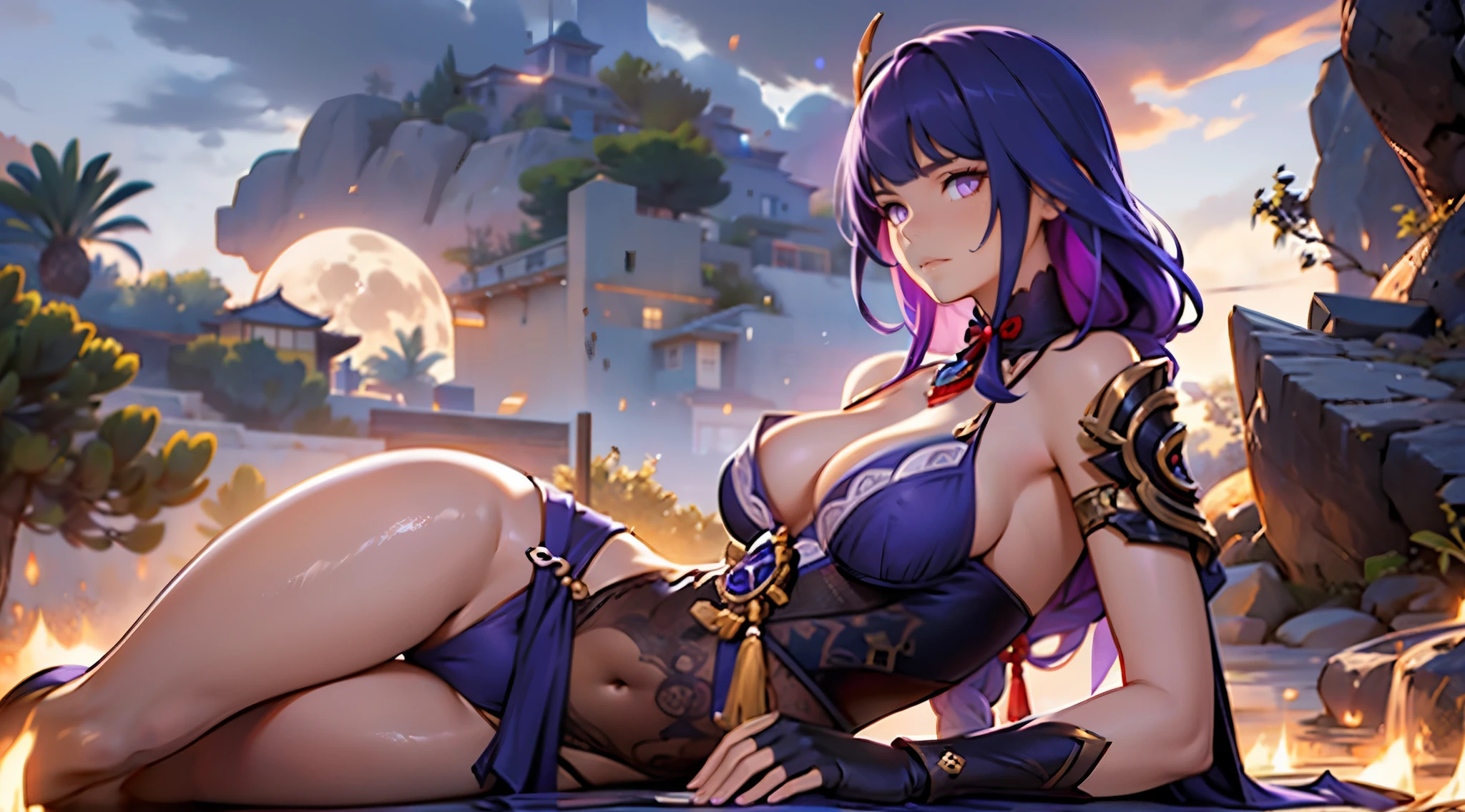 (foto ultra realista, 8k hd, cheio de detalhes nas roupas e no rosto, obra de arte, Deusa da beleza). Shogun Raider from Genshin Impact is a sexy woman with long, flowing purple hair, que usa uma lingerie sexy altamente detalhada, She wears a jewel on the side of her head adorned with golden details and a jewel in the center. - Ela usa uma roupa roxa e rosa com detalhes dourados, com desenhos ornamentados em ouro. The upper part of the armor is tight to the body, destacando suas curvas. (ela tem seios longos, seios enormes e perfeitos emergindo de seu sexy, erotic neckline, SEIOS pontiagudoicro calcinha transparente mostrando a bucetinha, buceta perfeita)), corpo definido, corpo com curvas, bunda grande e empinada, buceta mostrando, His arms are covered in armored gloves with similar designs in gold and secured to the arm by straps... - A piece of cloth flows from his waist, complementando o visual da armadura. - Her face is very beautiful, She has light pink eyes and a serious expression. - No fundo, there is a dramatic sky full of dark clouds and lightning lighting up the scene. The full moon is also visible between the clouds. ((Super modelo deitada))