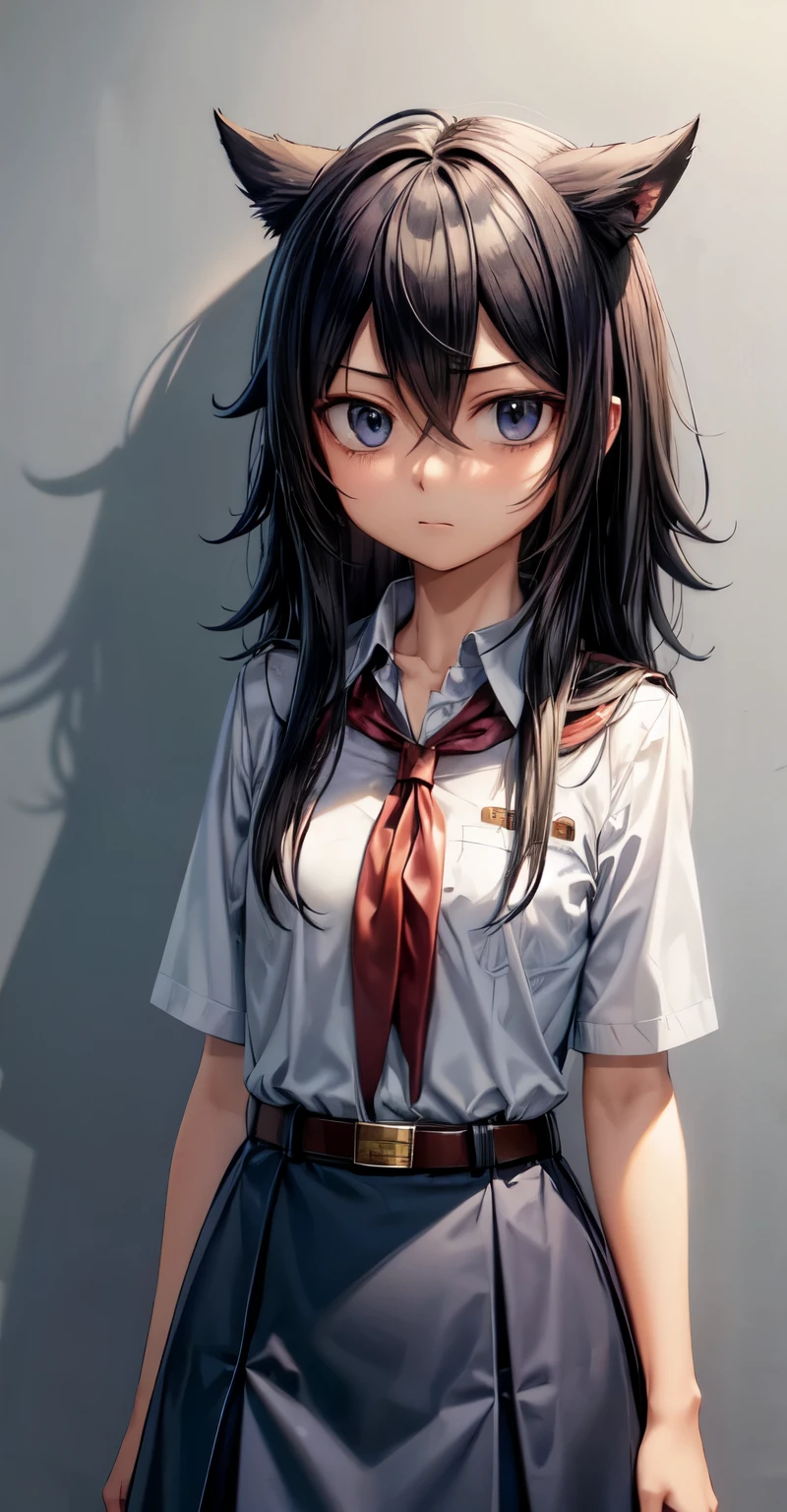 kuroki_tomoko, pioneer neckerchief, blue skirt, bangs, shirt, collarbone, white shirt, short sleeves, collared shirt, belt, red neckerchief, full height