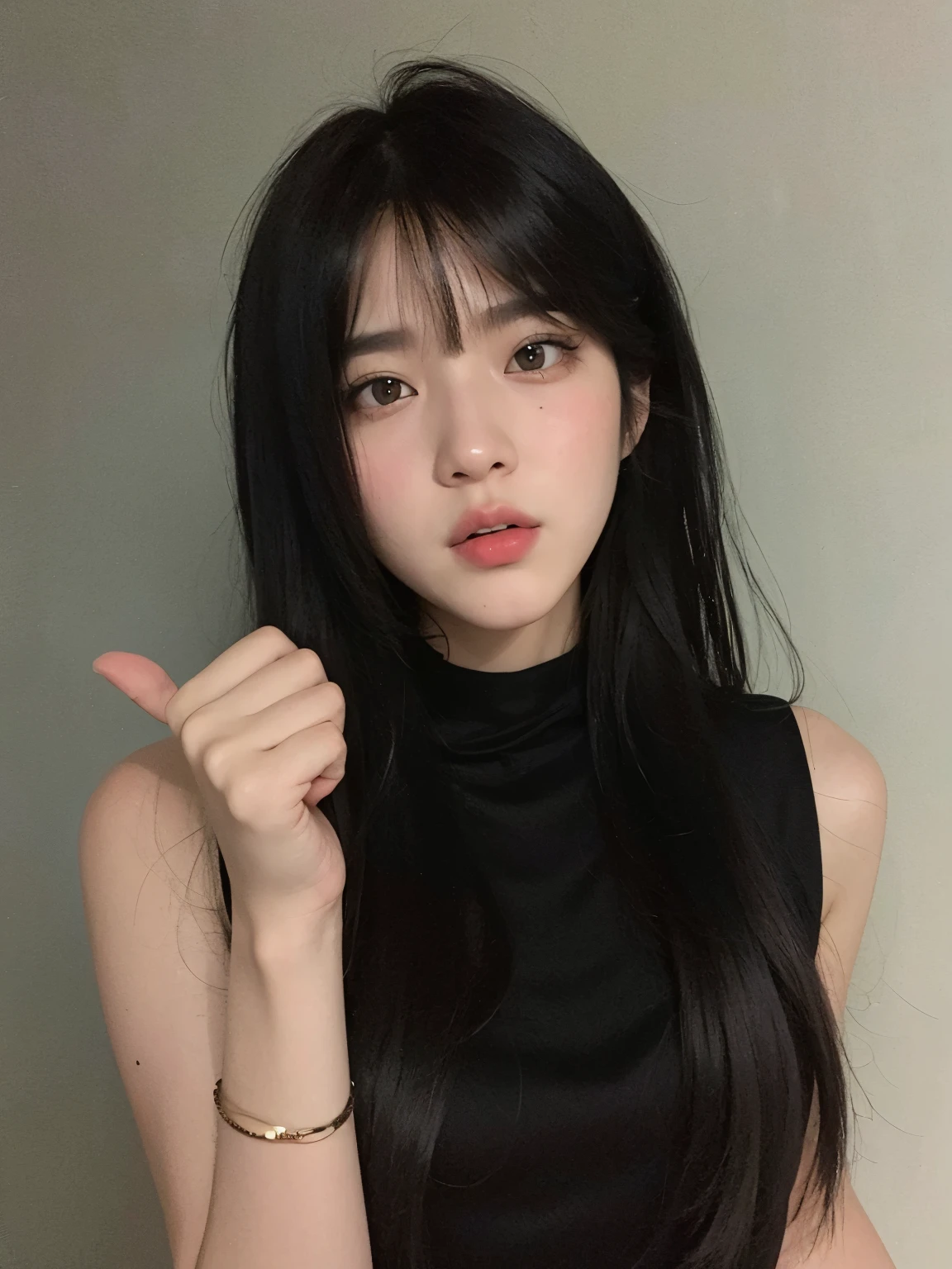 araffe asian woman with long black hair pointing at something, ulzzang, korean girl, beautiful south korean woman, cruel korean goth girl, she has black hair with bangs, gorgeous young korean woman, jinyoung shin, wan adorable korean face, beautiful young korean woman, kim doyoung, girl cute-fine-face, young adorable korean face