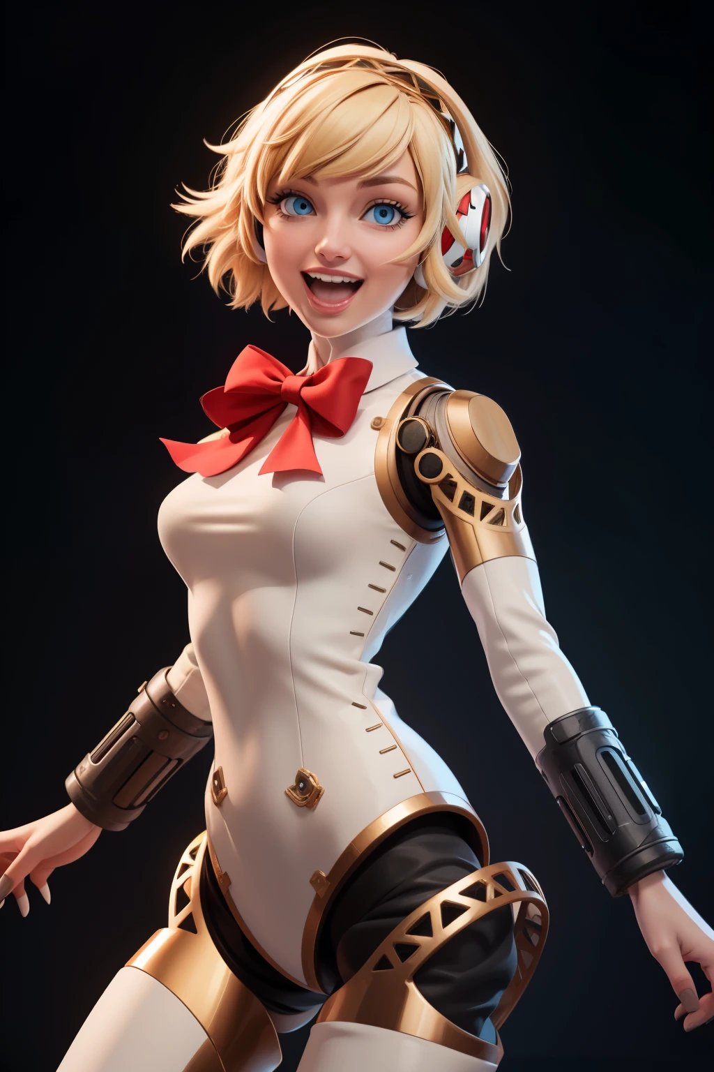 2d, masterpiece, best quality, highly detailed eyes, highly detailed face, (masterpiece, best quality:1.2), cowboy shot, solo, 1girl, aegis, android, robot joints, smile, looking at viewer, red bow, cowboy shot, feet out of frame, 1girl, solo, standing, black background, red background, aegis, android, robot joints, headphones, looking at viewer, smile, open mouth, hand on own face, straight-on, blonde hair, white body, mature woman,