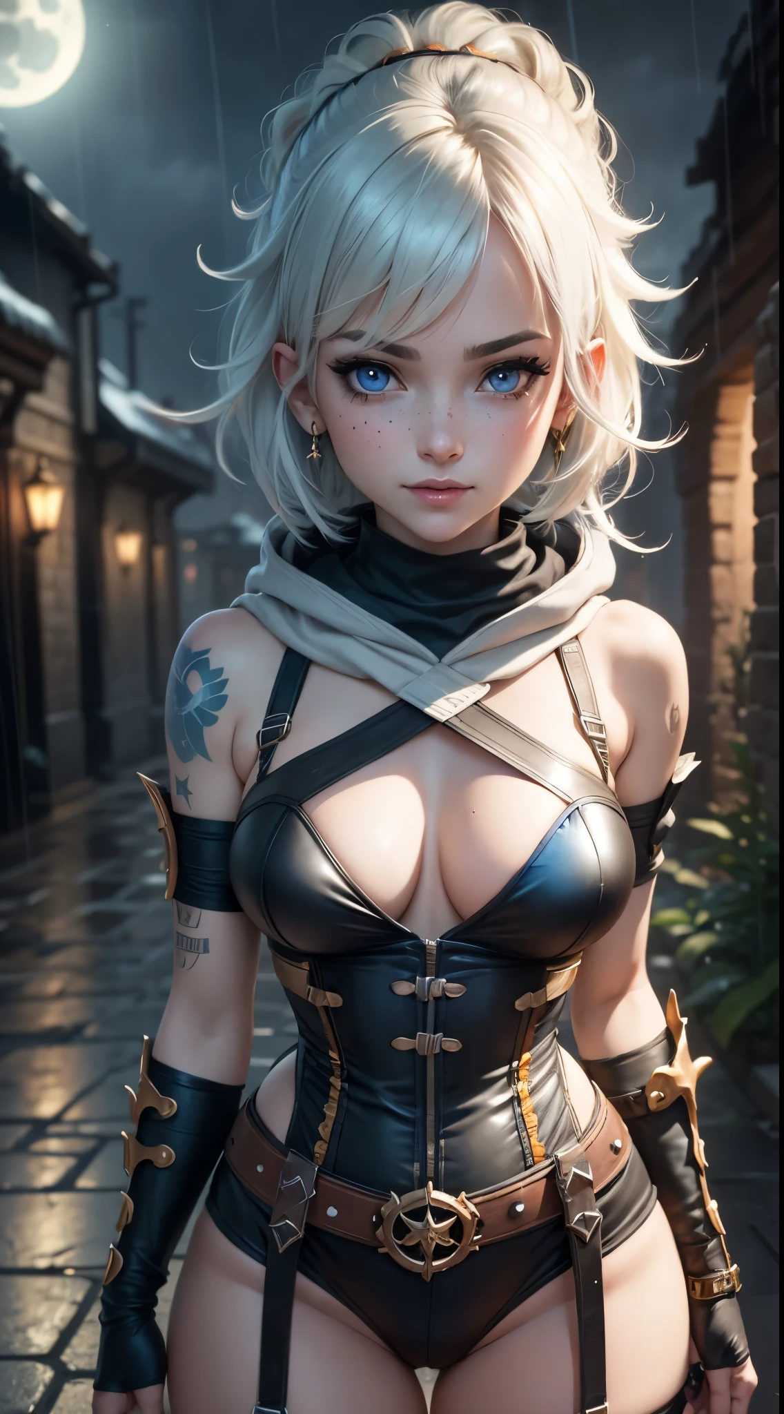 gwen tennyson, paimon, overwatch, atelier ryza, close up, battle ruins, tattoos, orange an bronze plugsuit, short sleeve ninja top, short sleeve ninja leotard, sleeveless hoodie, garter belt, harness corset medium hair, punk makeup, blue eyes, multicolored silver hair, sexy smile, freckles, beautiful girl, large breasts, 8k, ultra detailed, realistic, fantasy art, bronze armor, hair pin, ear piercings, moonlight, bronze hand and neck jewelry, combat pose,(weather: rainy),cowboy shot,
