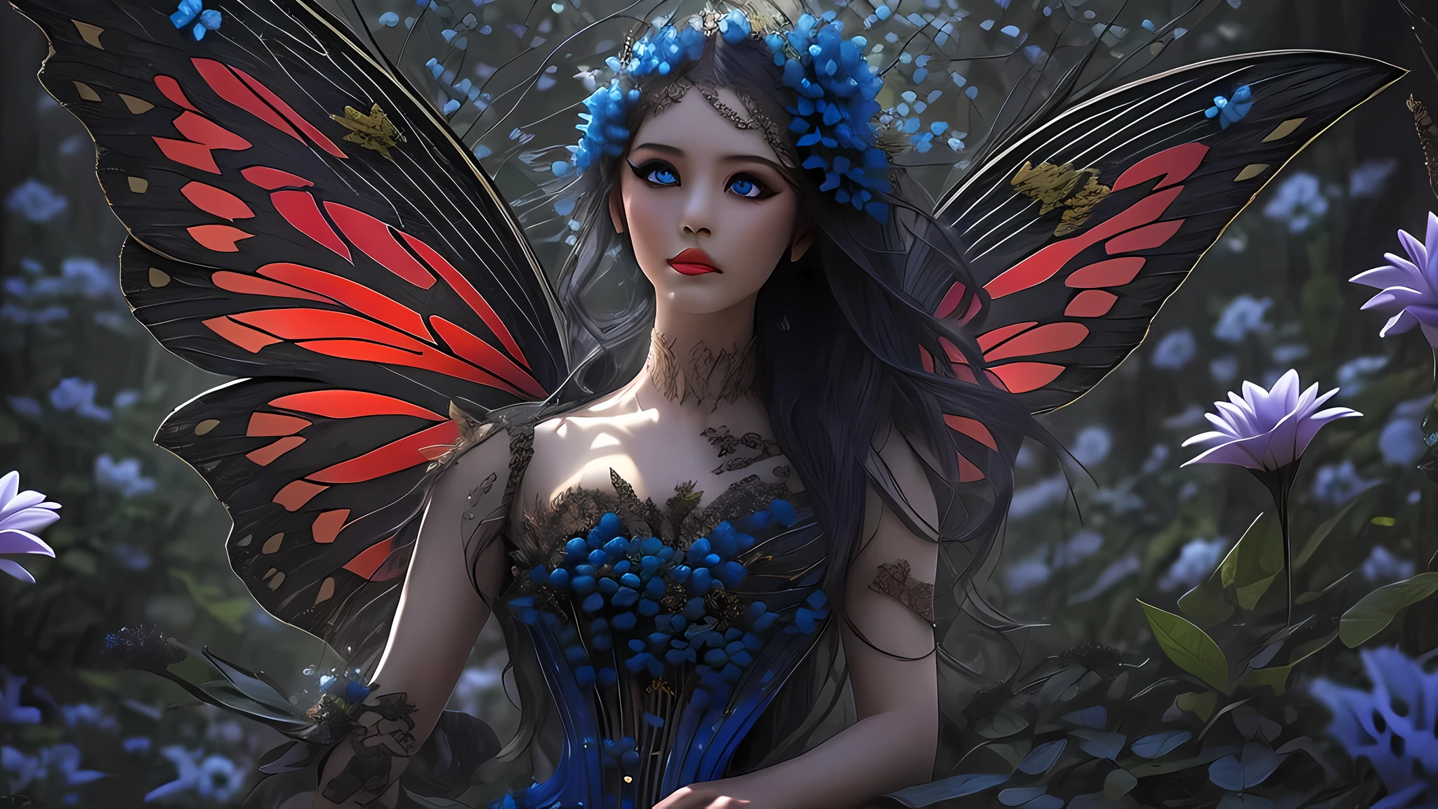 high details, best quality, 16k, RAW, [best detailed], masterpiece, best quality, (extremely detailed), full body, ultra wide shot, photorealistic, dark fantasy art, goth art, RPG art, D&D art, a picture of a dark female fairy resting in a flower meadow, extremely beautiful fairy, ultra feminine (intense details, Masterpiece, best quality), best detailed face (intense details, Masterpiece, best quality), having wide butterfly wings, spread butterfly wings (intense details, Masterpiece, best quality), dark colors wings (intense details, Masterpiece, best quality), black hair, long hair, shinning hair, flowing hair, shy smile, innocent smile, blue eyes, dark red lips, wearing [red] dress latex corset (intense details, Masterpiece, best quality), dynamic elegant shirt, chocker, wearing high heels, in dark colored flower meadow (intense details, Masterpiece, best quality), (red flowers: 1.2) , (black flowers: 1.2), (white flowers: 1.2), (blue flowers: 1.3) [extreme many flowers] (intense details, Masterpiece, best quality), dark colorful flowers (intense details, Masterpiece, best quality), flower meadow in a dark goth field background, dim light, cinematic light, gaslight lamp light, High Detail, Ultra High Quality, High Resolution, 16K Resolution, Ultra HD Pictures, 3D rendering Ultra Realistic, Clear Details, Realistic Detail, Ultra High Definition