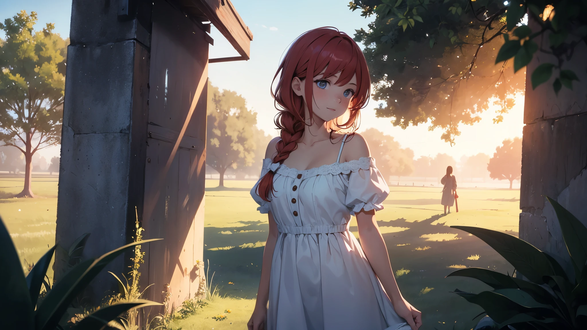 ((masterpiece,best quality,ultra detailed,ultra high res,detailed country yard background)), soft realistic focus, dynamic shadows, realistic image, vibrant colors,light leaks,dreamy atmosphere,chiaroscuro,BREAK 
experimental charm, The girl is depicted in full growth, you see the girl from head to toe, nostalgic appeal, country girlfriend, she take you with yourself, simple open short dress, soft mischievous smile, freckles, shiny light red hair, she will take your hand, thick braids, And you, you changed my life but now you gone, In my heart you were the one, But now, now your gone