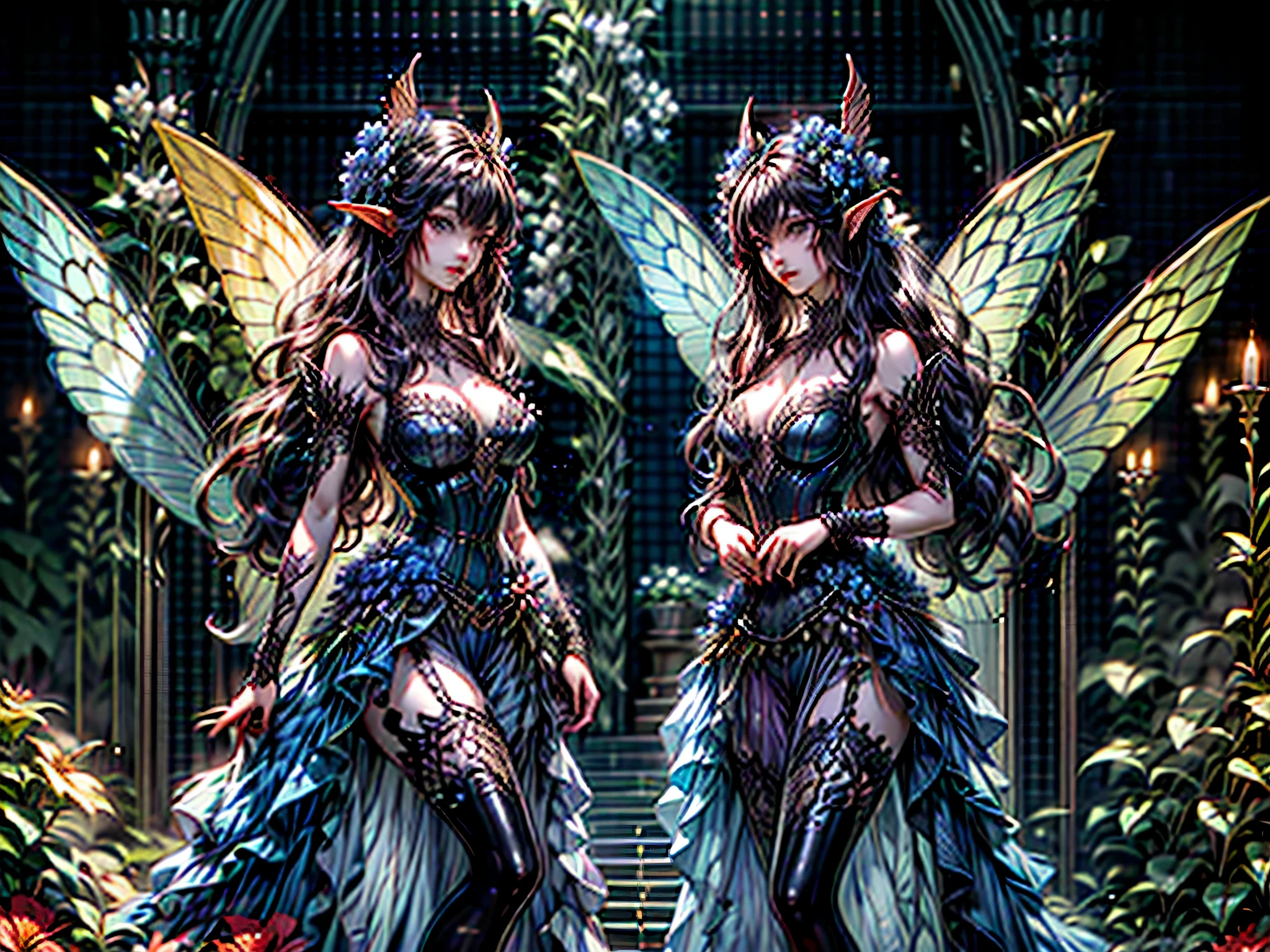 high details, best quality, 16k, RAW, [best detailed], masterpiece, best quality, (extremely detailed), full body, ultra wide shot, photorealistic, dark fantasy art, goth art, RPG art, D&D art, a picture of a dark female fairy resting in a flower meadow, extremely beautiful fairy, ultra feminine (intense details, Masterpiece, best quality), best detailed face (intense details, Masterpiece, best quality), having wide butterfly wings, spread butterfly wings (intense details, Masterpiece, best quality), dark colors wings (intense details, Masterpiece, best quality), black hair, long hair, shinning hair, flowing hair, shy smile, innocent smile, blue eyes, dark red lips, wearing [red] dress latex corset (intense details, Masterpiece, best quality), dynamic elegant shirt, chocker, wearing high heels, in dark colored flower meadow (intense details, Masterpiece, best quality), (red flowers: 1.2) , (black flowers: 1.2), (white flowers: 1.2), (blue flowers: 1.3) [extreme many flowers] (intense details, Masterpiece, best quality), dark colorful flowers (intense details, Masterpiece, best quality), flower meadow in a dark goth field background, dim light, cinematic light, High Detail, Ultra High Quality, High Resolution, 16K Resolution, Ultra HD Pictures, 3D rendering Ultra Realistic, Clear Details, Realistic Detail, Ultra High Definition
